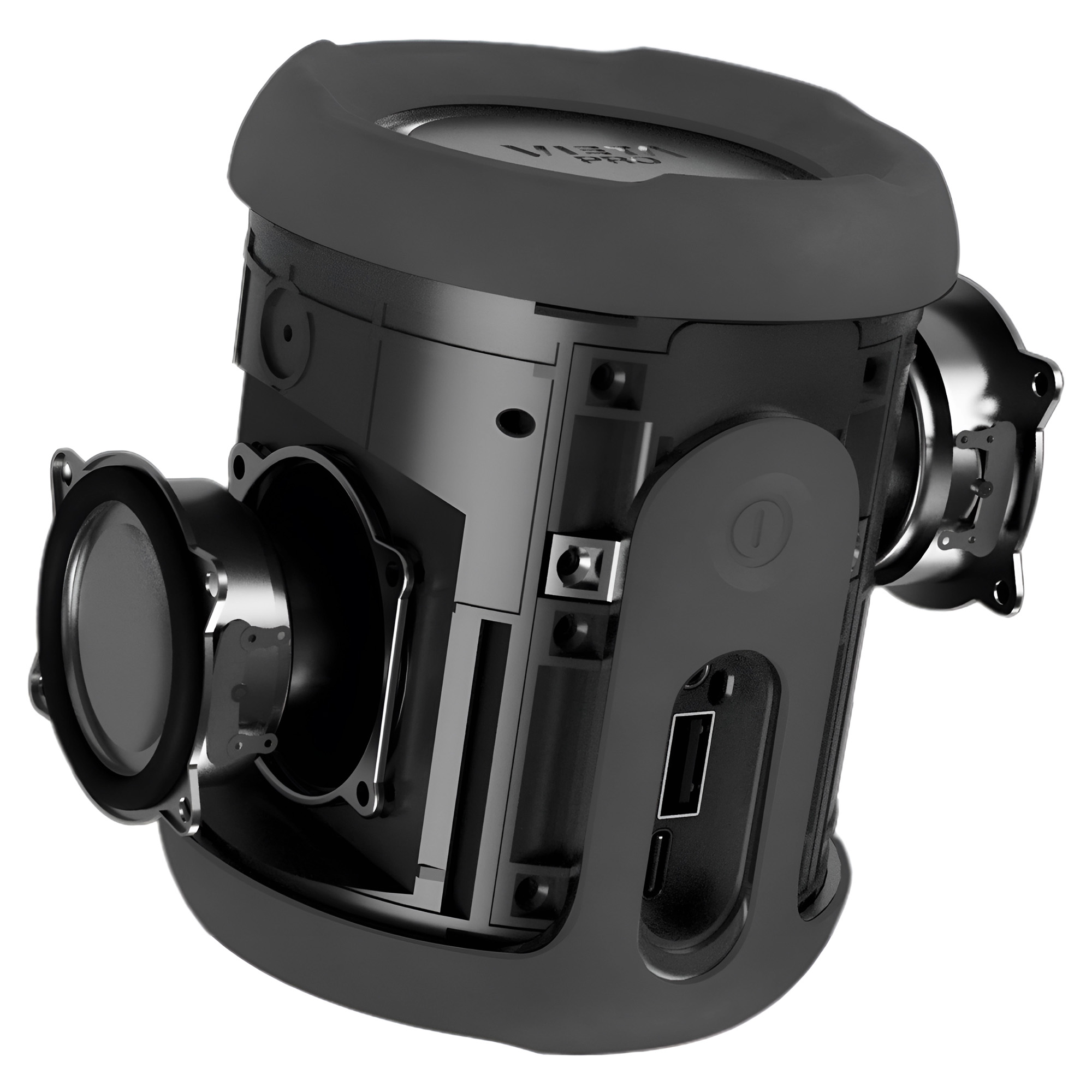 Un altavoz negro desmontado que muestra componentes internos como altavoces, puertos y un anillo de goma superior, sobre un fondo blanco.