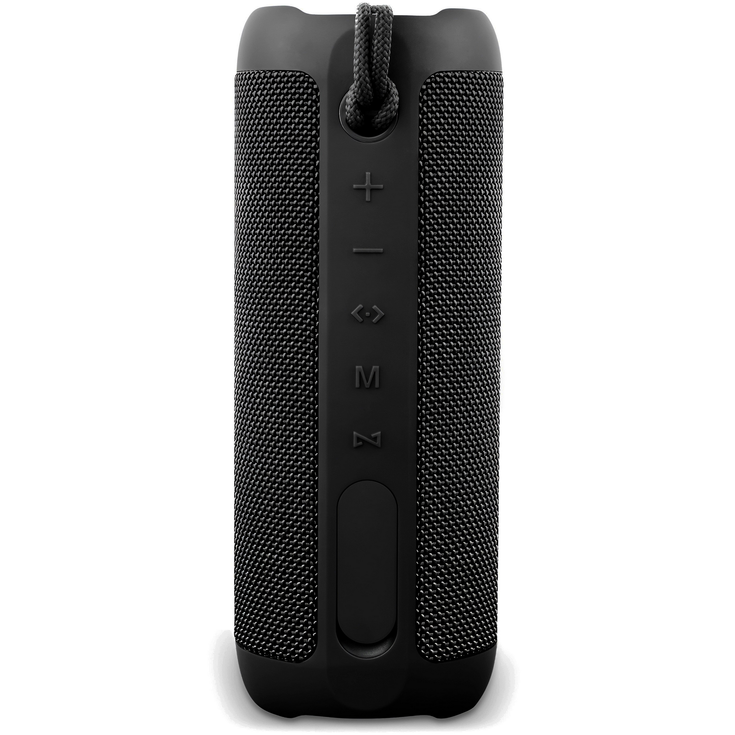 Altavoz cilíndrico negro con malla de tela. Tiene botones de volumen, reproducción/pausa y encendido. Una cuerda negra está sujeta en la parte superior.