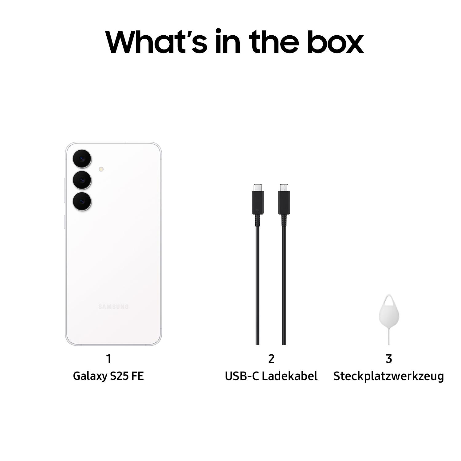 Weißes Galaxy S25 FE-Telefon, USB-C-Kabel und SIM-Kartenträger-Werkzeug. Der Text "Was ist in der Box" steht oben.