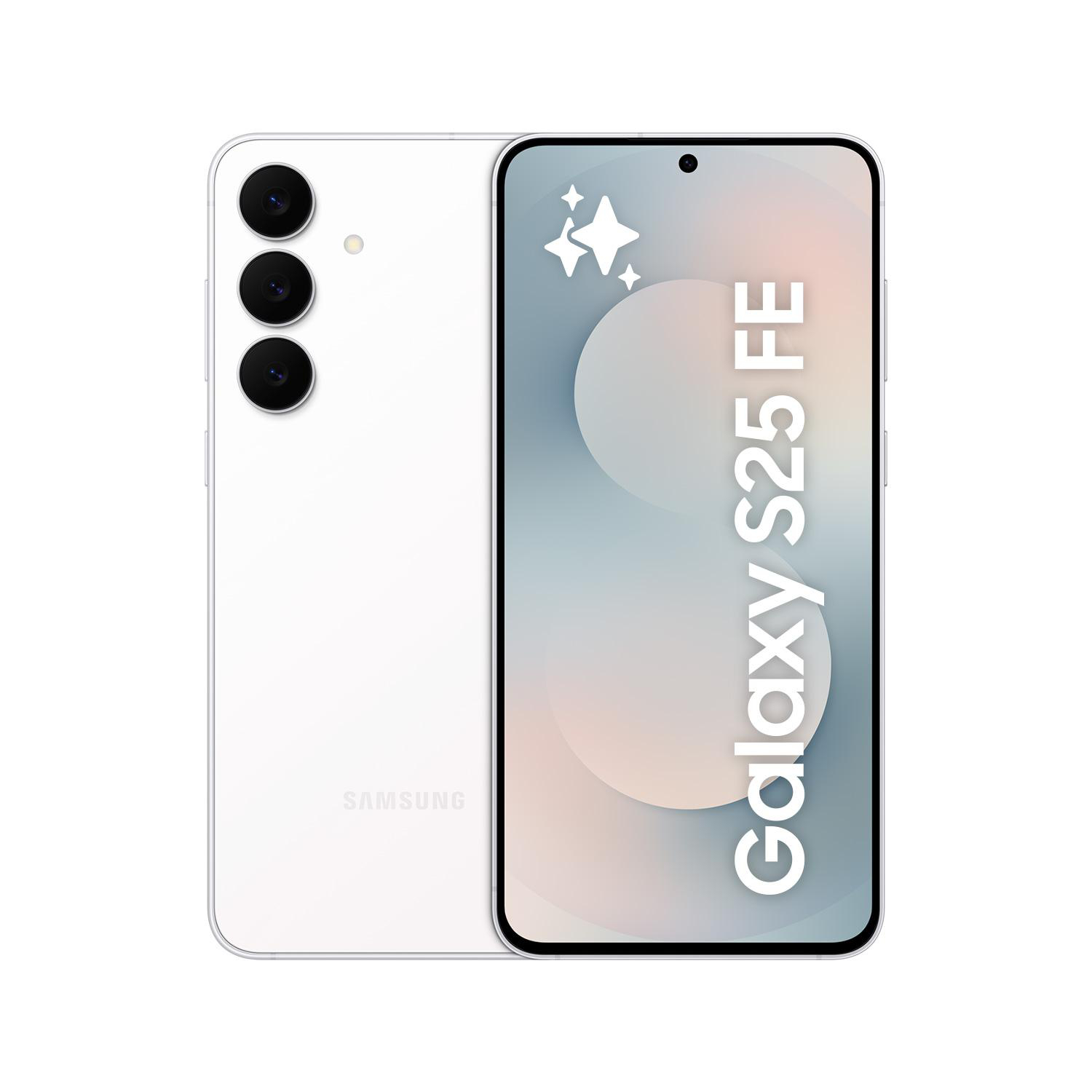 Weißes Samsung Galaxy S25 FE Telefon. Drei Rückkameras, Frontkamera und Bildschirm mit der Aufschrift 'Galaxy S25 FE'.