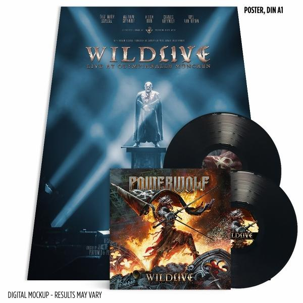 Ein Werbebild zeigt ein Poster, ein Albumcover und Schallplatten. Das Poster sagt 'WILDLIVE'. Das Albumcover zeigt einen Krieger. Vinylplatten sind schwarz.