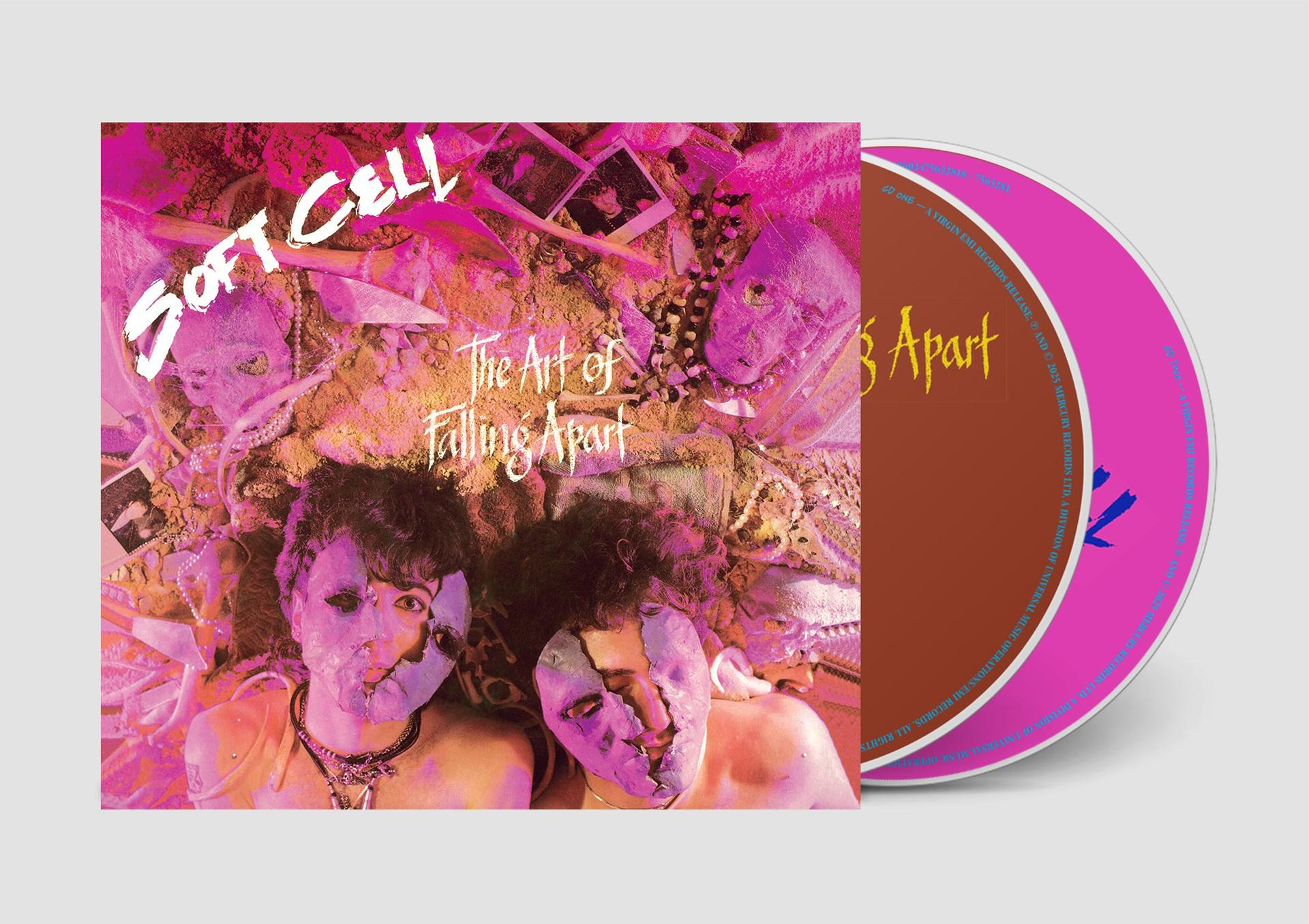 Albumcover mit Gesichtern, Text 'Soft Cell, The Art of Falling Apart' und einer CD. Gesichter sind teilweise violett bedeckt.