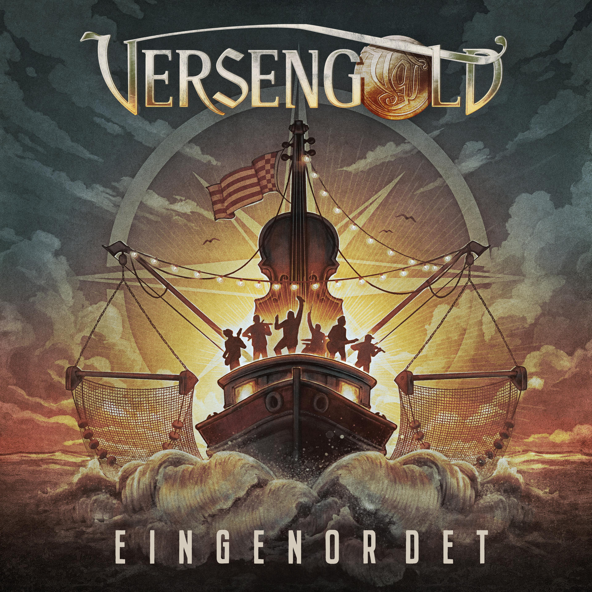 Illustration eines Geigen-Schiffs mit Musikern. Der Titel 'Versengold' und 'Eingengordet' sind zu sehen.