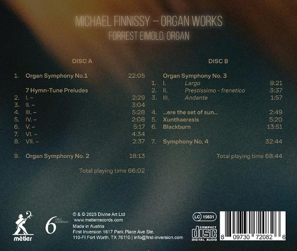CD-Cover mit Titellisten von Michael Finnissys Orgelwerken von Forrest Eimold. Enthält Angaben zu Spielzeiten und Details zur CD.