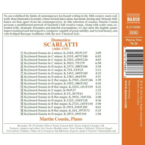 CD-Cover mit Text, der Scarlatti-Sonaten, den Künstler Martin Cousin und das Naxos-Logo auflistet. Spielzeit 76:26.