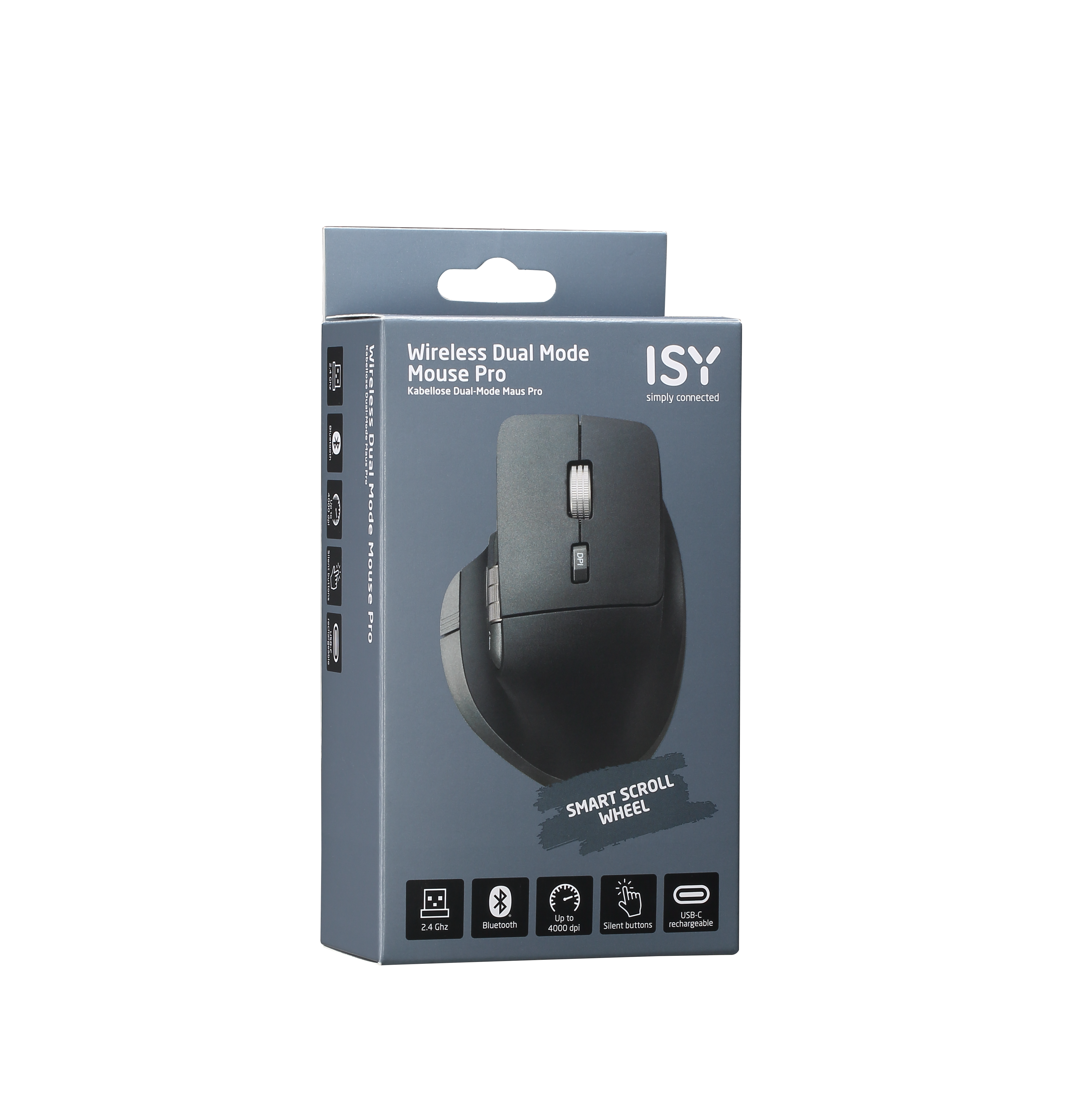 Eine Schachtel mit einer schwarzen Maus. Auf der Schachtel steht Wireless Dual Mode Mouse Pro. Es steht auch ISY simply connected.