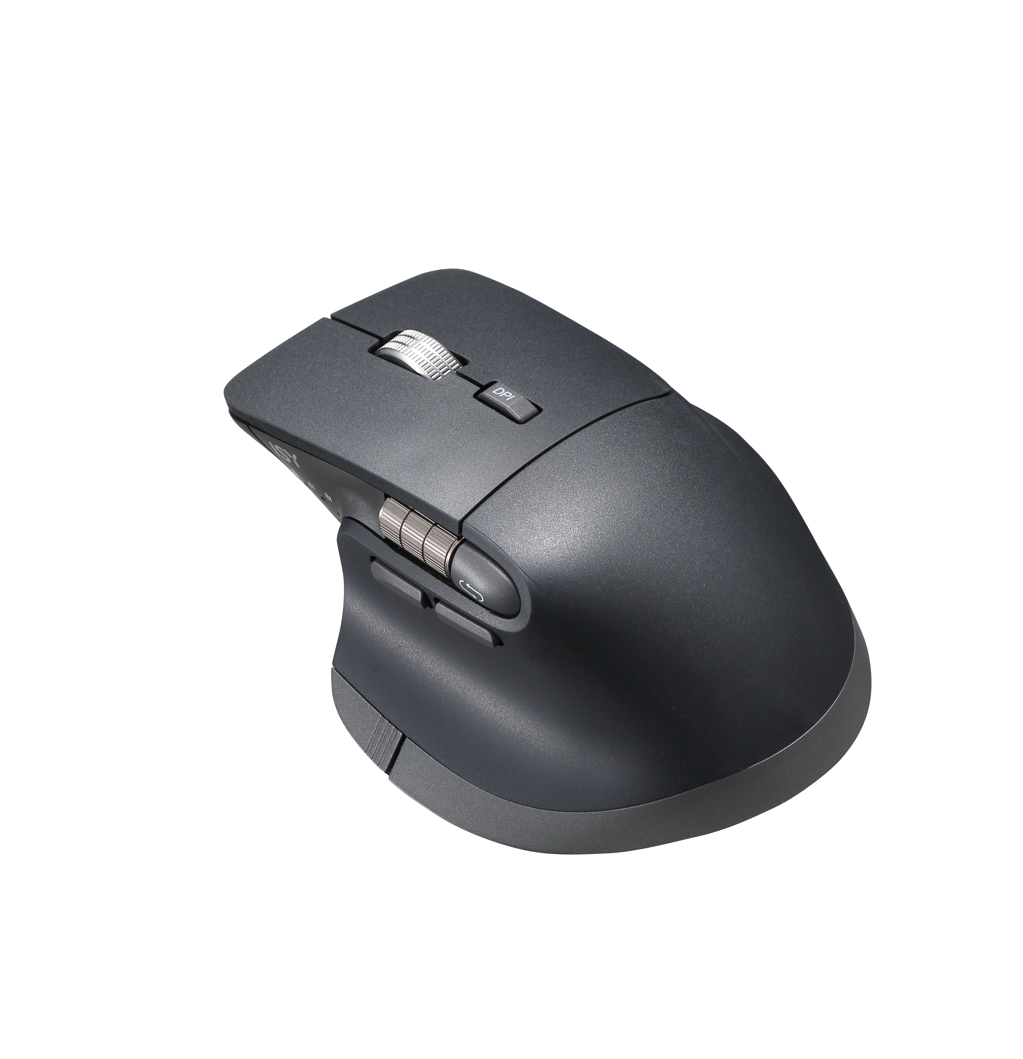 Eine dunkelgraue ergonomische Computermaus mit mehreren Tasten und einem Scrollrad auf schwarzem Hintergrund.