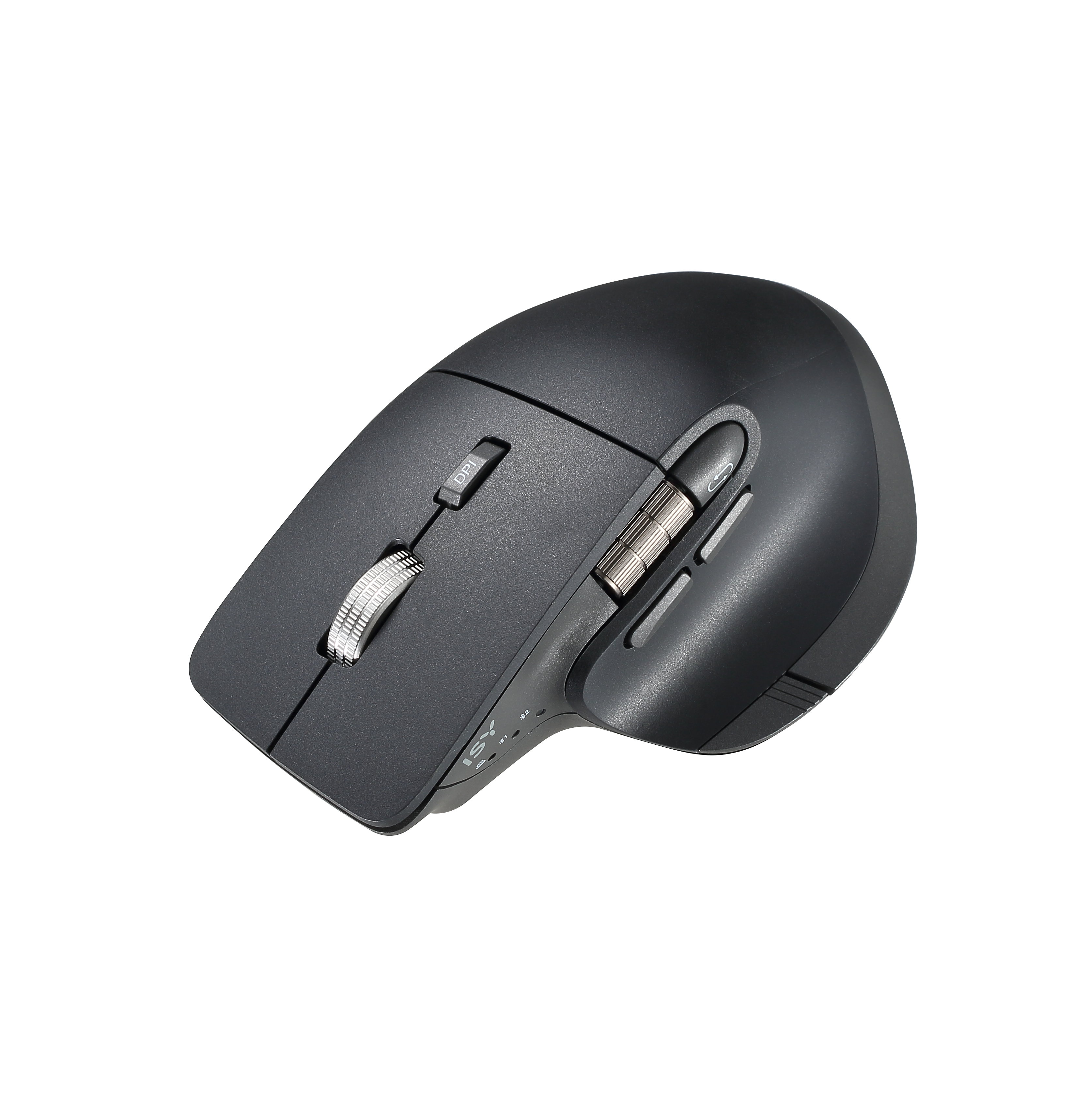 Eine schwarze ergonomische Computermaus mit mehreren Tasten und einem Scrollrad, vor schwarzem Hintergrund.