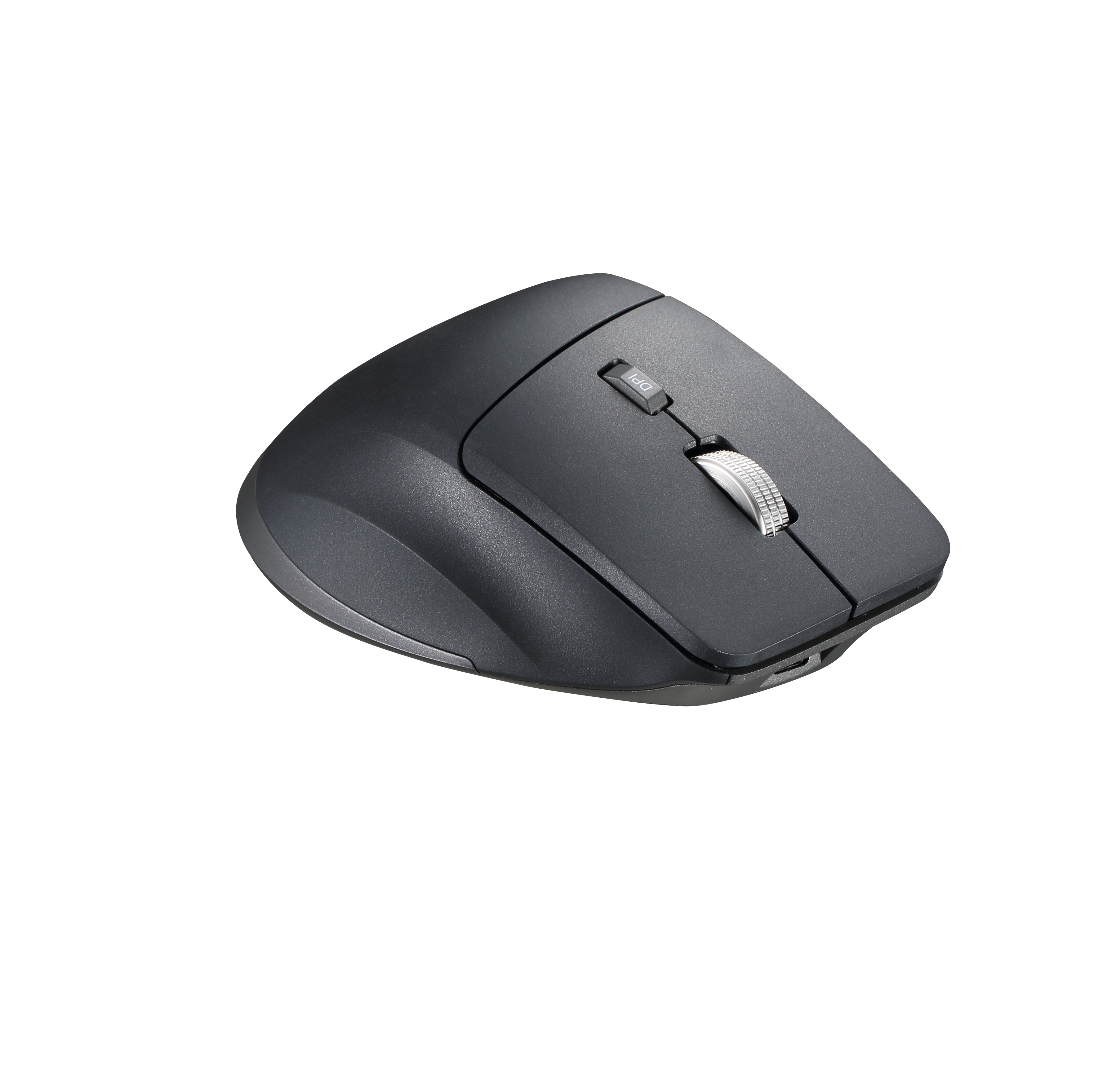 Eine kabellose Computermaus auf schwarzem Hintergrund. Sie ist dunkelgrau, mit silbernem Scrollrad und DPI-Taste.