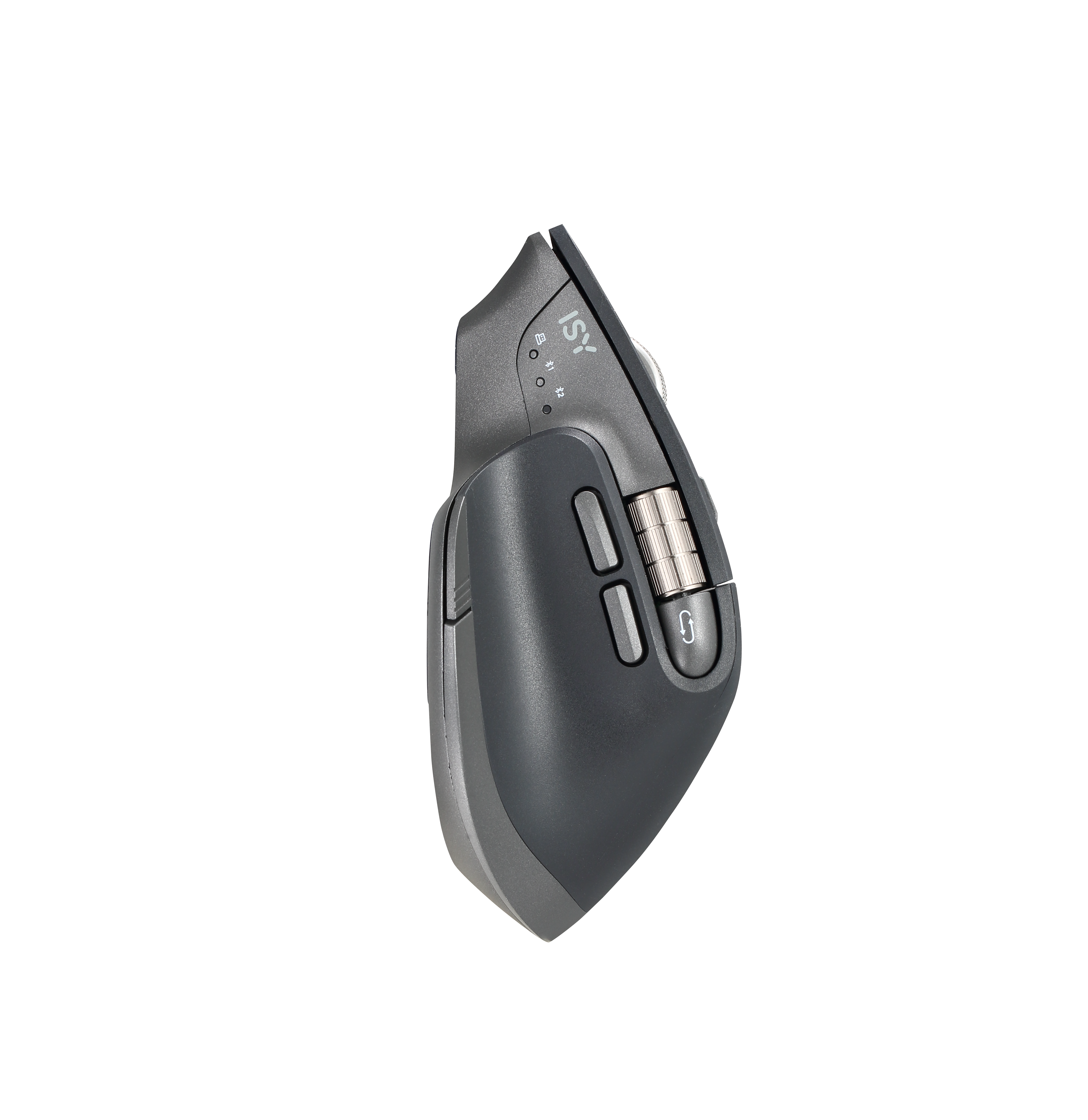 Eine dunkelgraue ergonomische Maus auf schwarzem Hintergrund. Tasten und Scrollrad sind sichtbar. Die Maus hat ein futuristisches Design.