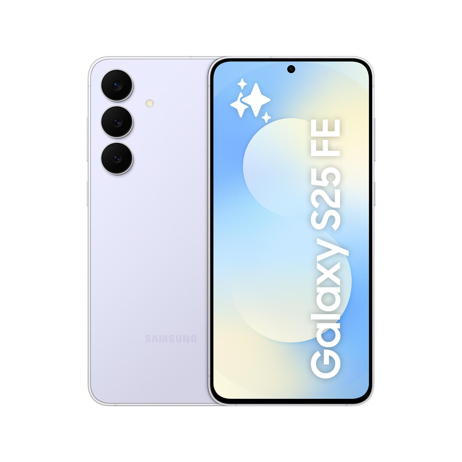 Ein helllila Samsung Galaxy S25 FE-Handy mit drei Rückkameras und einem Bildschirm, der den Namen des Telefons anzeigt.