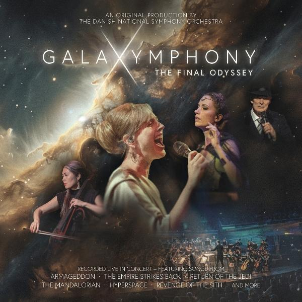 Albumcover für Galaxy Symphony. Mit Sängern, Dirigenten und Orchester. Text enthält Songtitel aus Star Wars und anderen Filmen.