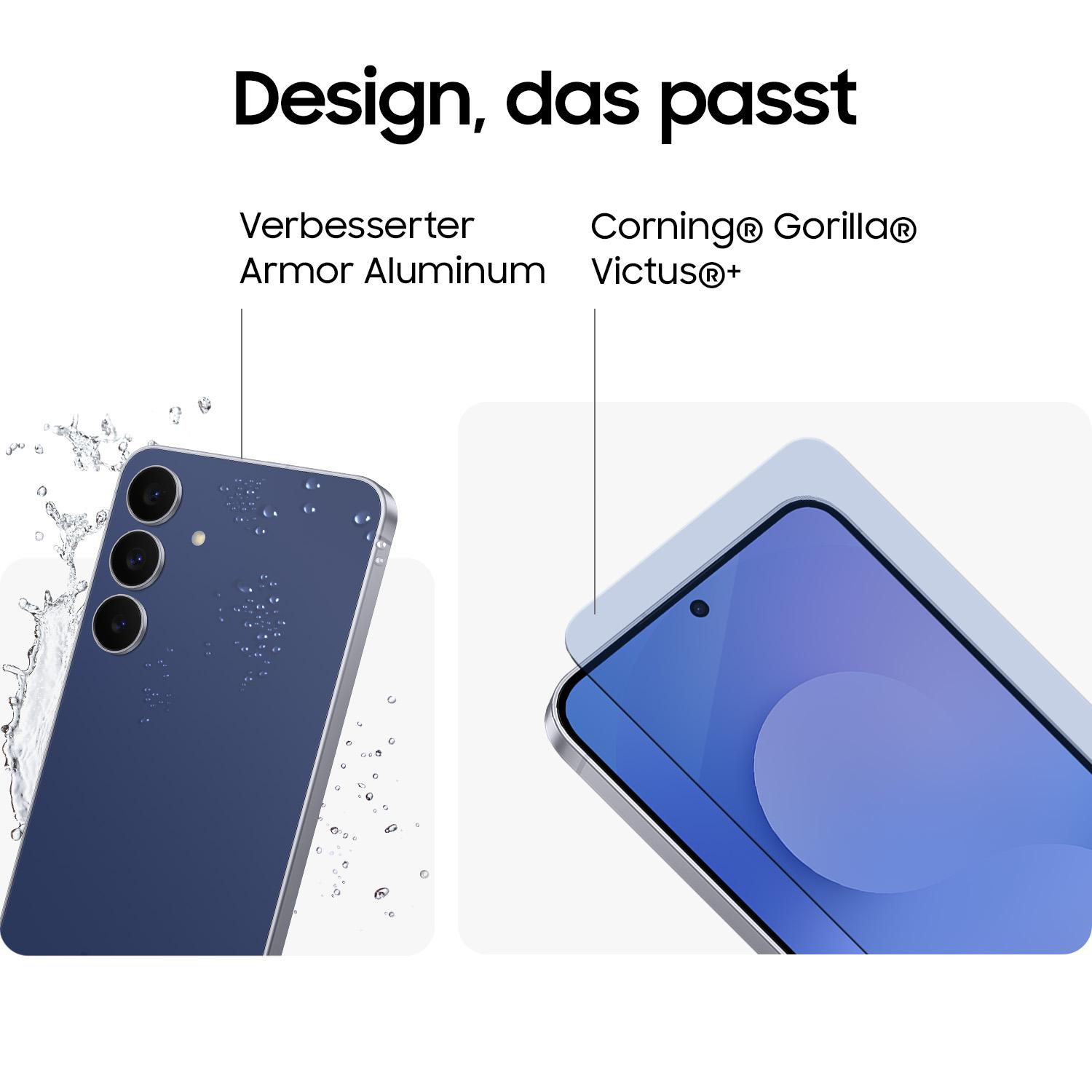 Das Bild zeigt zwei Telefone, eines blau, das andere mit einem blauen Displayschutz. Der Text enthält 'Design, das passt' und Funktionen wie 'Armor Aluminum'.