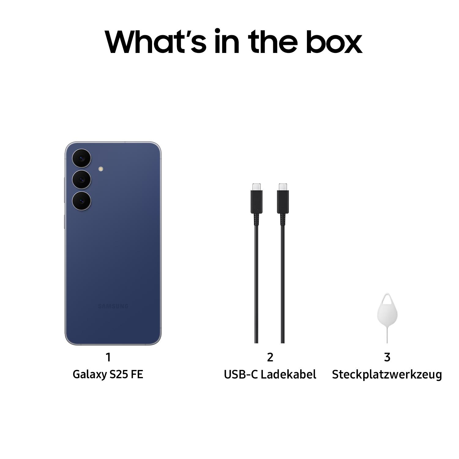 Das Bild zeigt ein blaues Samsung Galaxy S25 FE-Telefon, ein USB-C-Ladekabel und ein SIM-Karten-Auswurfwerkzeug.