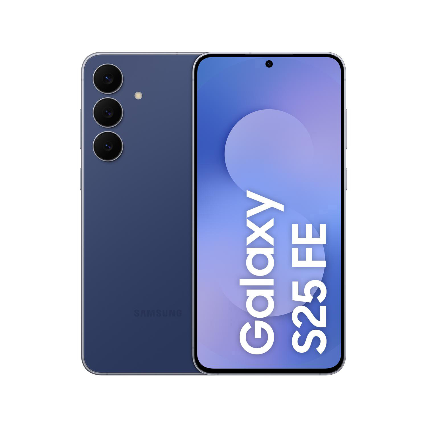 Ein blaues Samsung Galaxy S25 FE Smartphone. Es hat drei Rückkameras und einen Bildschirm mit dem Namen des Telefons.