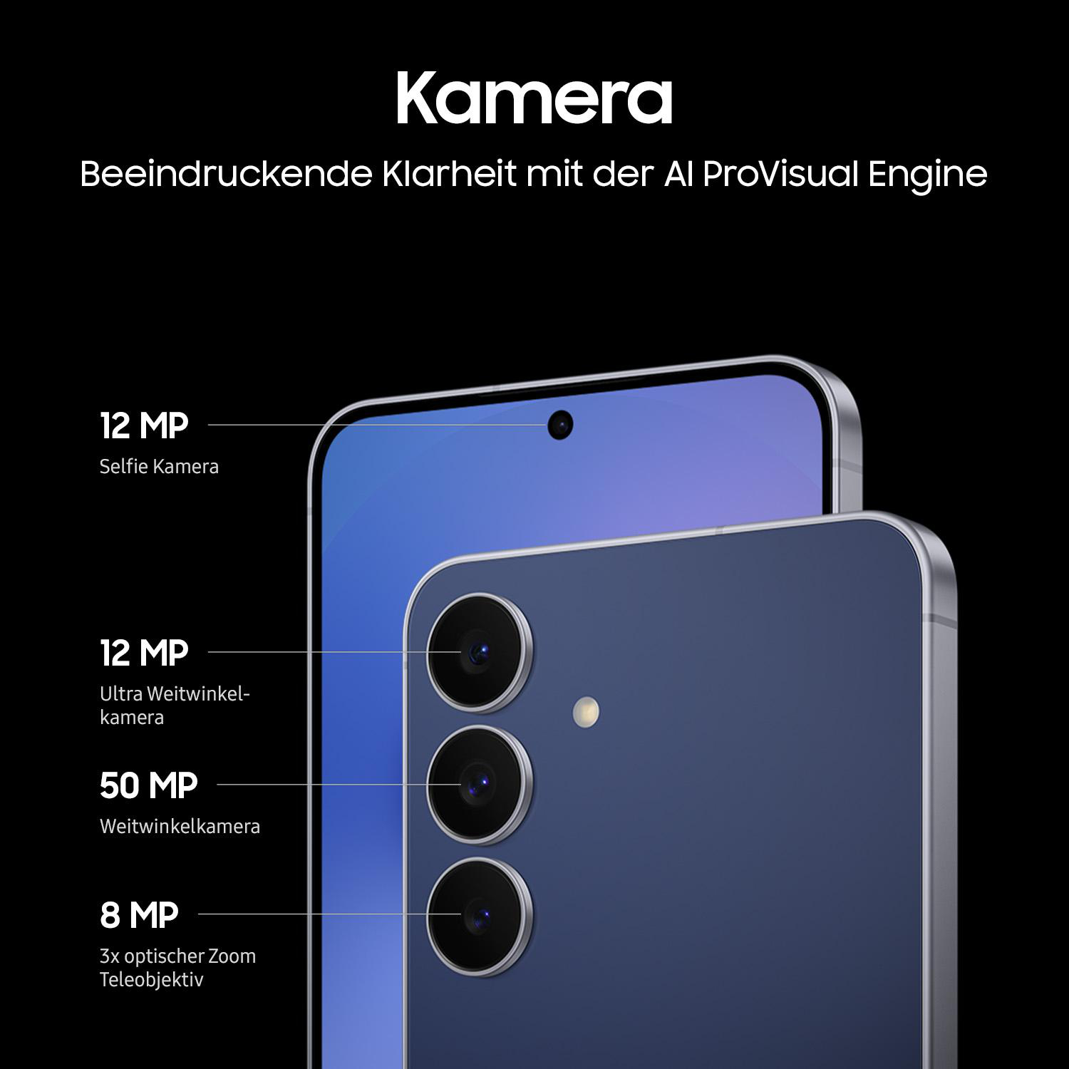 Ein Smartphone mit Kamera-Spezifikationen wird angezeigt. Es hat drei Rückkameras und eine Frontkamera, mit Text, der ihre Megapixel detailliert.