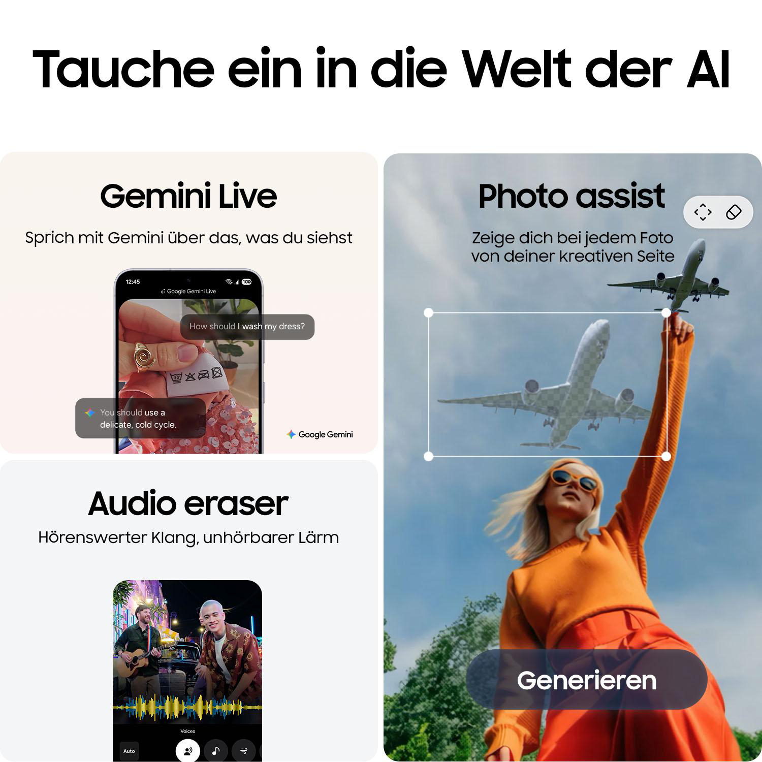 Bild mit Text und Symbolen. Es enthält Abschnitte zu Gemini Live, Photo Assist und Audio Eraser, mit einer Frau in orangefarbener Kleidung.