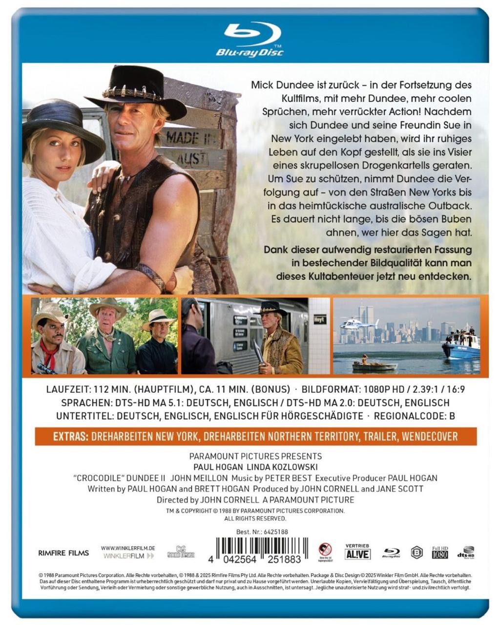 Blu-ray-Cover von Crocodile Dundee II. Mit den Schauspielern Paul Hogan und Linda Kozlowski. Text und Filmstills sind ebenfalls sichtbar.