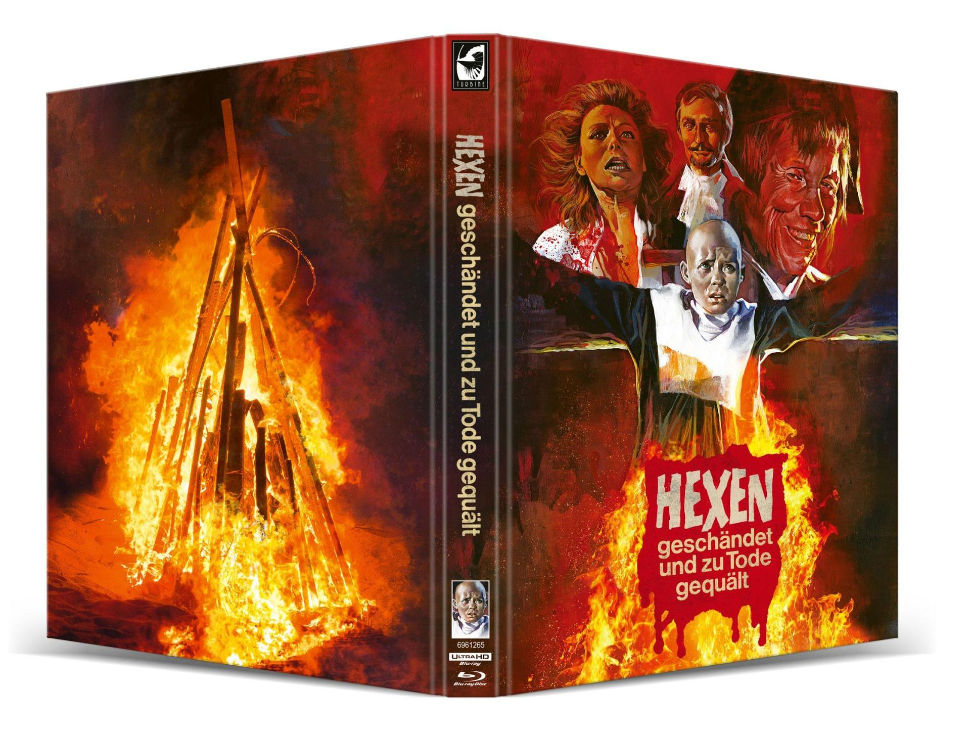 Filmcover mit Feuer und Menschen. Titel auf Deutsch: HEXEN geschändet und zu Tode gequält. Links ein Lagerfeuer, rechts das Cover-Artwork.
