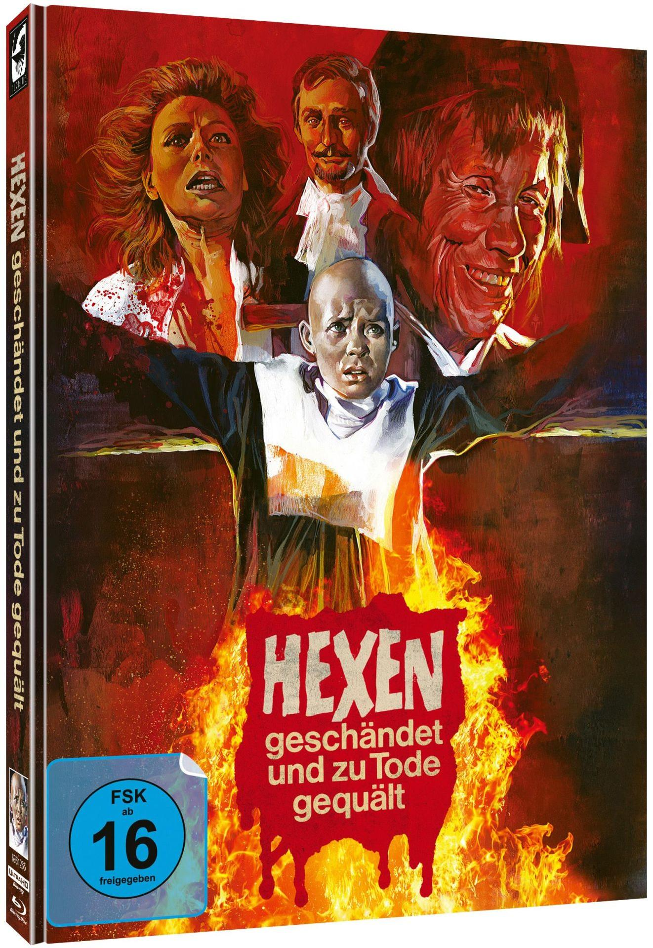 Filmposter zeigt Gesichter, Flammen und den Titel „HEXEN“. Ein kahles Kind steht im Mittelpunkt, umgeben von Grimassen. Flammen umhüllen den Boden.