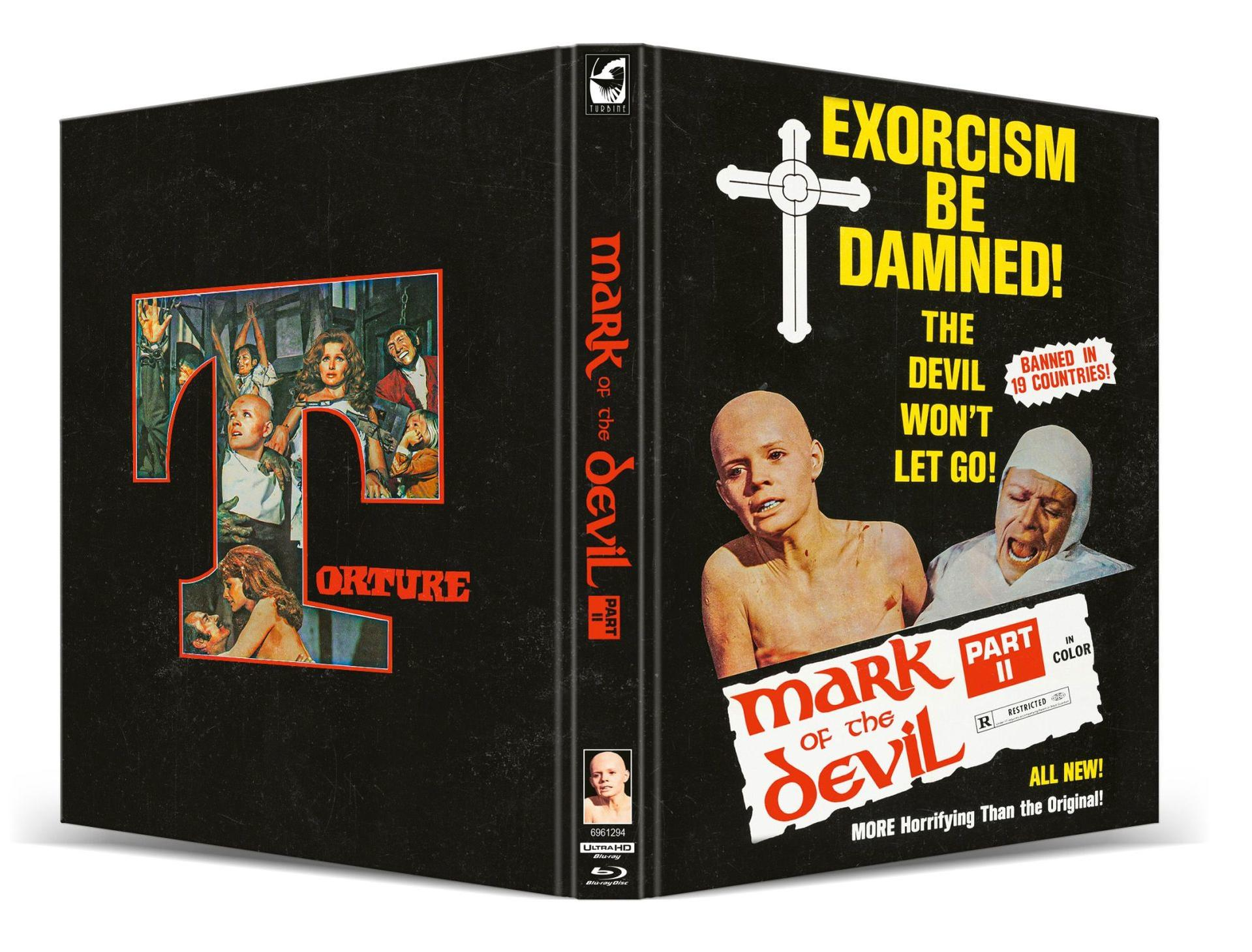 DVD-Cover für 'Mark of the Devil Teil II'. Mit einem Kreuz, kahlen Menschen und Folterszenen, mit dem Text 'Exorzismus sei verdammt!'