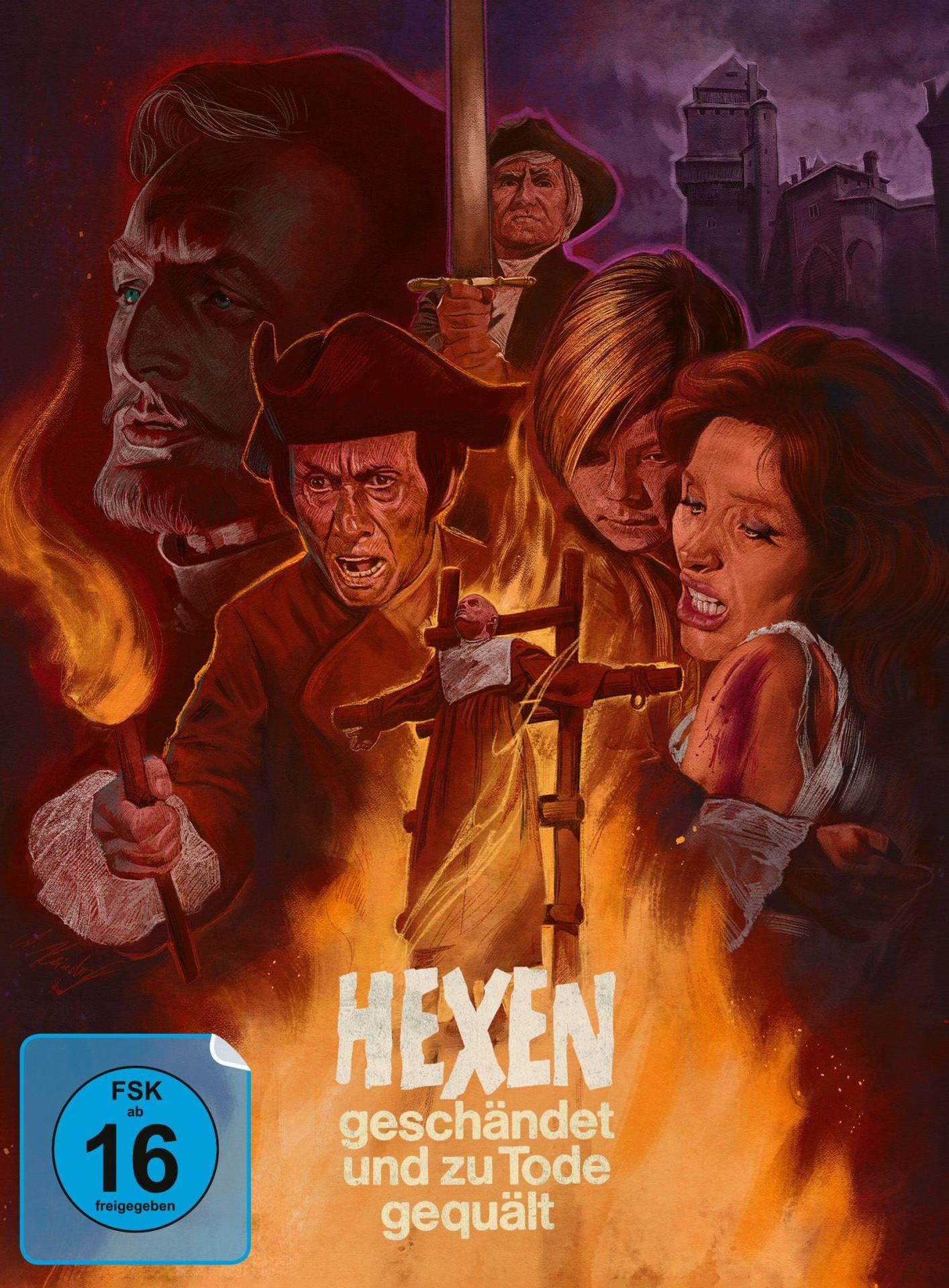 Filmposter mit einer feurigen Szene. Ein Mann mit einer Fackel, eine Frau in Not und ein Kreuz. Text: HEXEN, geschändet und zu Tode gequält.