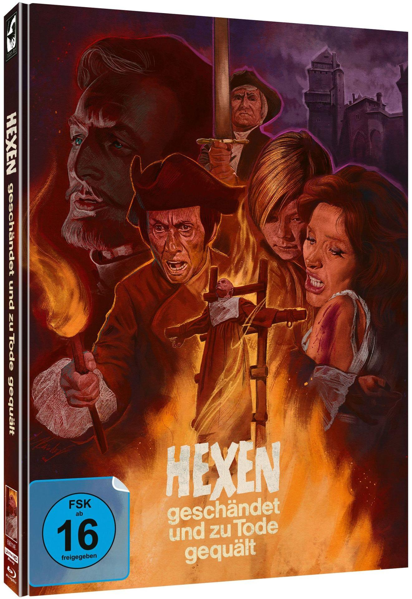 Filmposter zeigt verängstigte Menschen, einen Mann mit Fackel, einen Mann mit Schwert und ein Kreuz mit einer Figur. Titel: HEXEN.