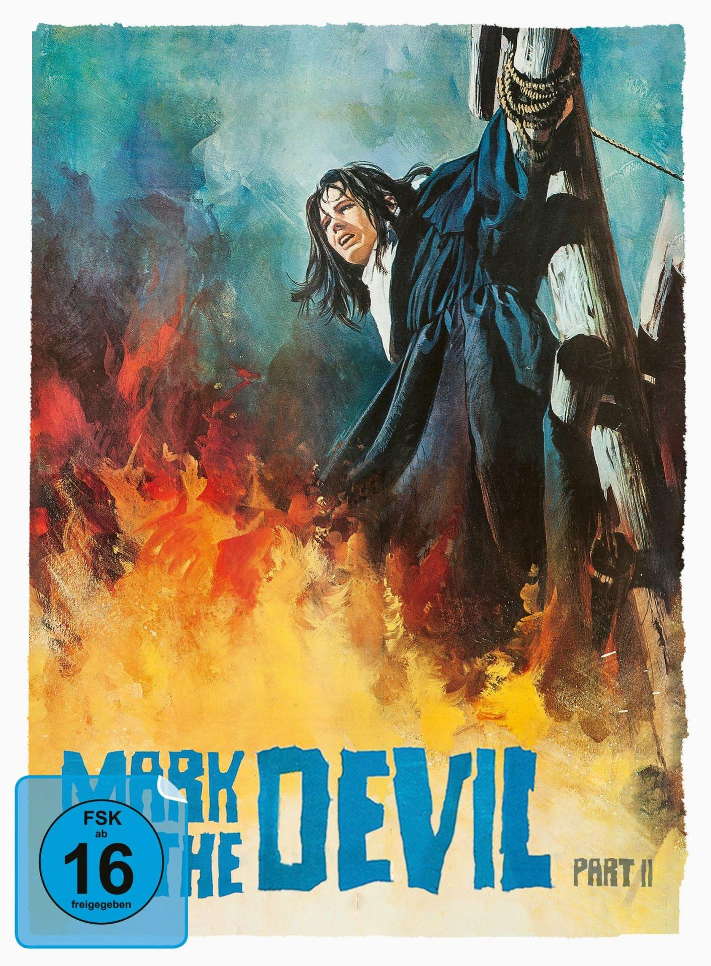Filmplakat einer Frau, die an einen Pfahl gefesselt ist, mit Feuer im Hintergrund. Der Titel "Mark the Devil" ist zu sehen.