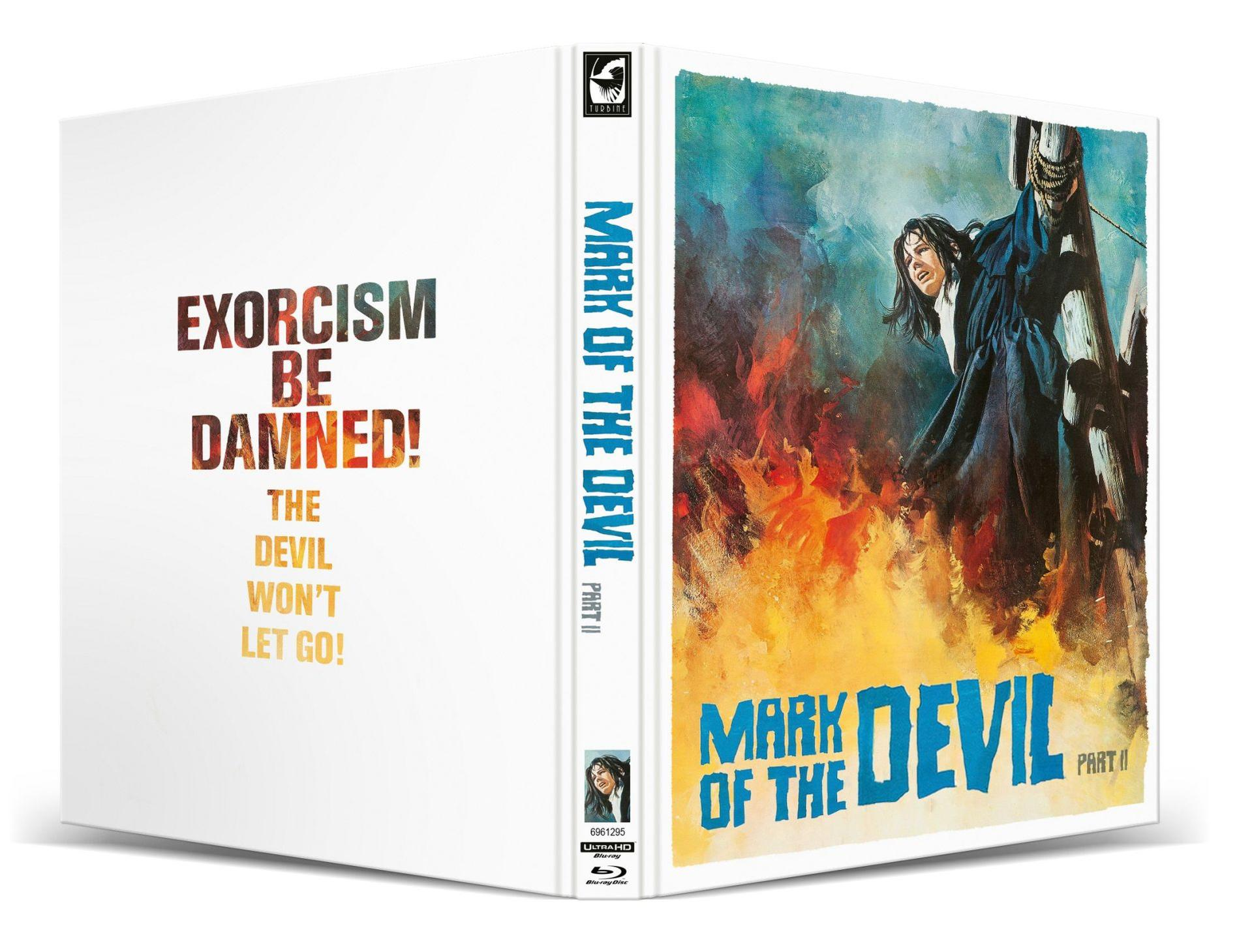 Blu-ray-Box-Art für 'Mark of the Devil Part II'. Eine Frau ist an einen Pfahl gefesselt, inmitten von Flammen. Der Titel des Films ist auf dem Cover.