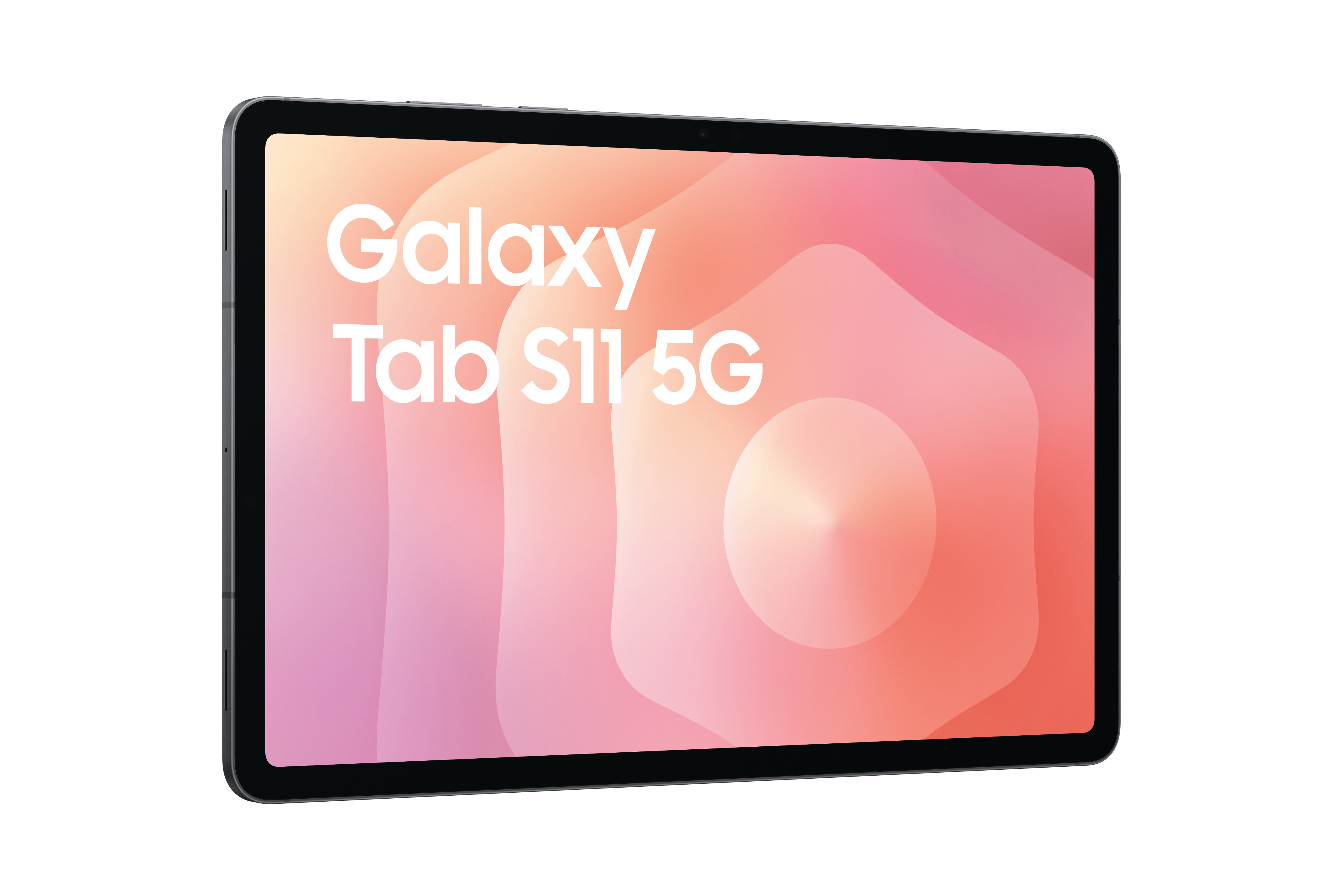 Ein schwarzes Tablet mit den Worten 'Galaxy Tab S11 5G' auf dem Bildschirm, das ein abstraktes Design in Rosa und Orange zeigt. Weißer Hintergrund.