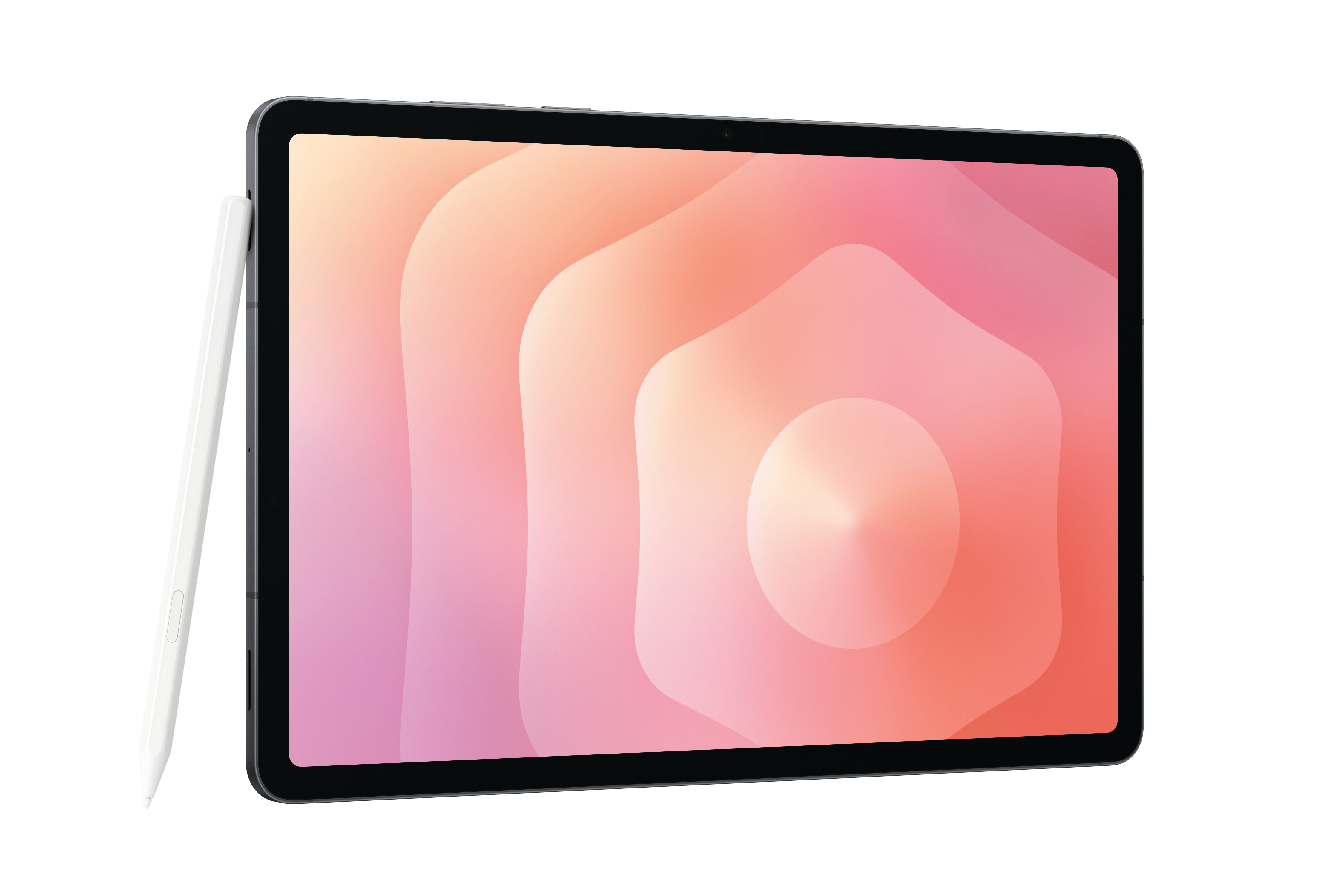 Ein Tablet mit Stift. Der Bildschirm hat einen Farbverlauf in Pink und Orange. Weißer Hintergrund.