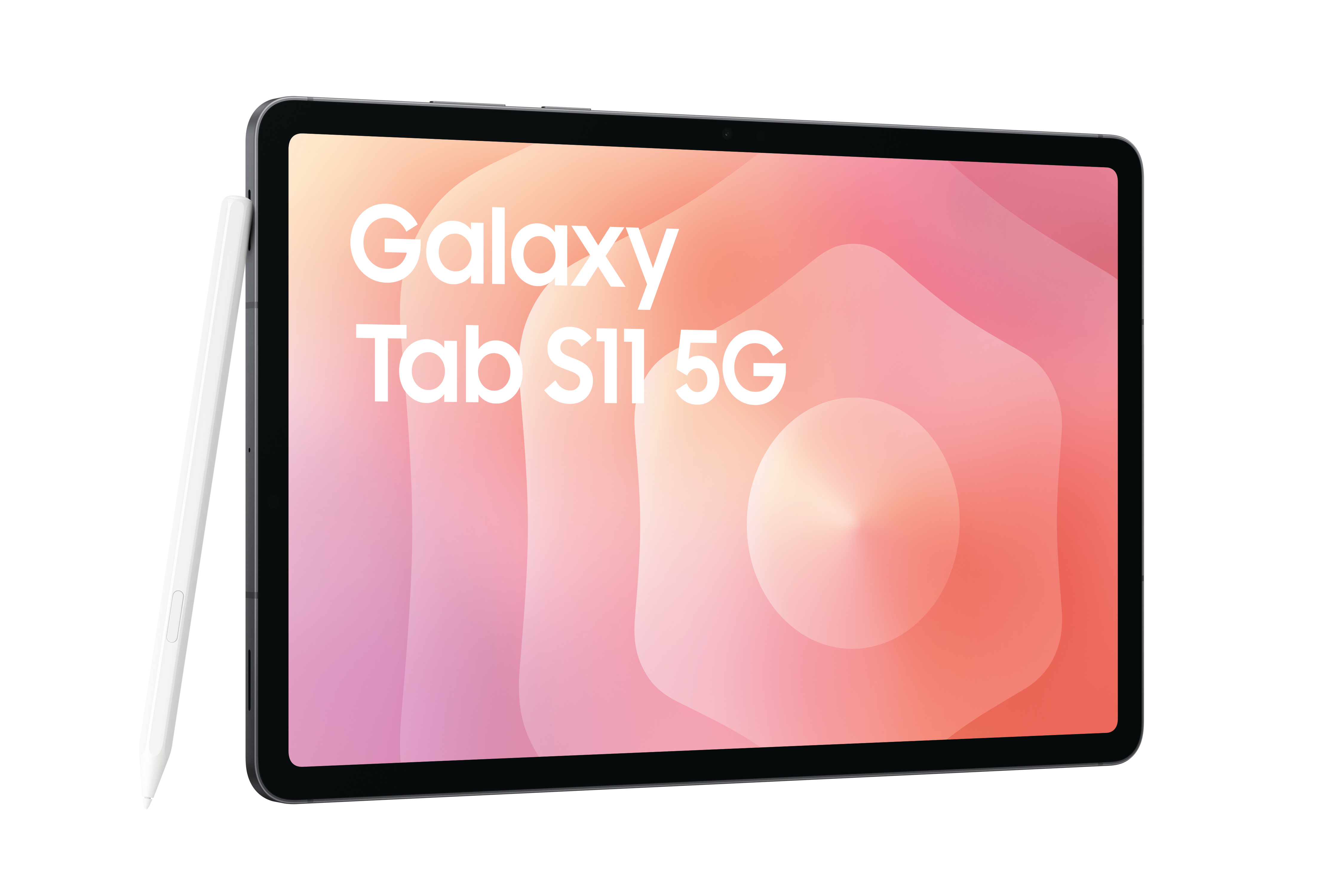 Ein Tablet mit Stift. Der Bildschirm zeigt 'Galaxy Tab S11 5G'. Der Hintergrund ist ein rosa-oranger Farbverlauf.