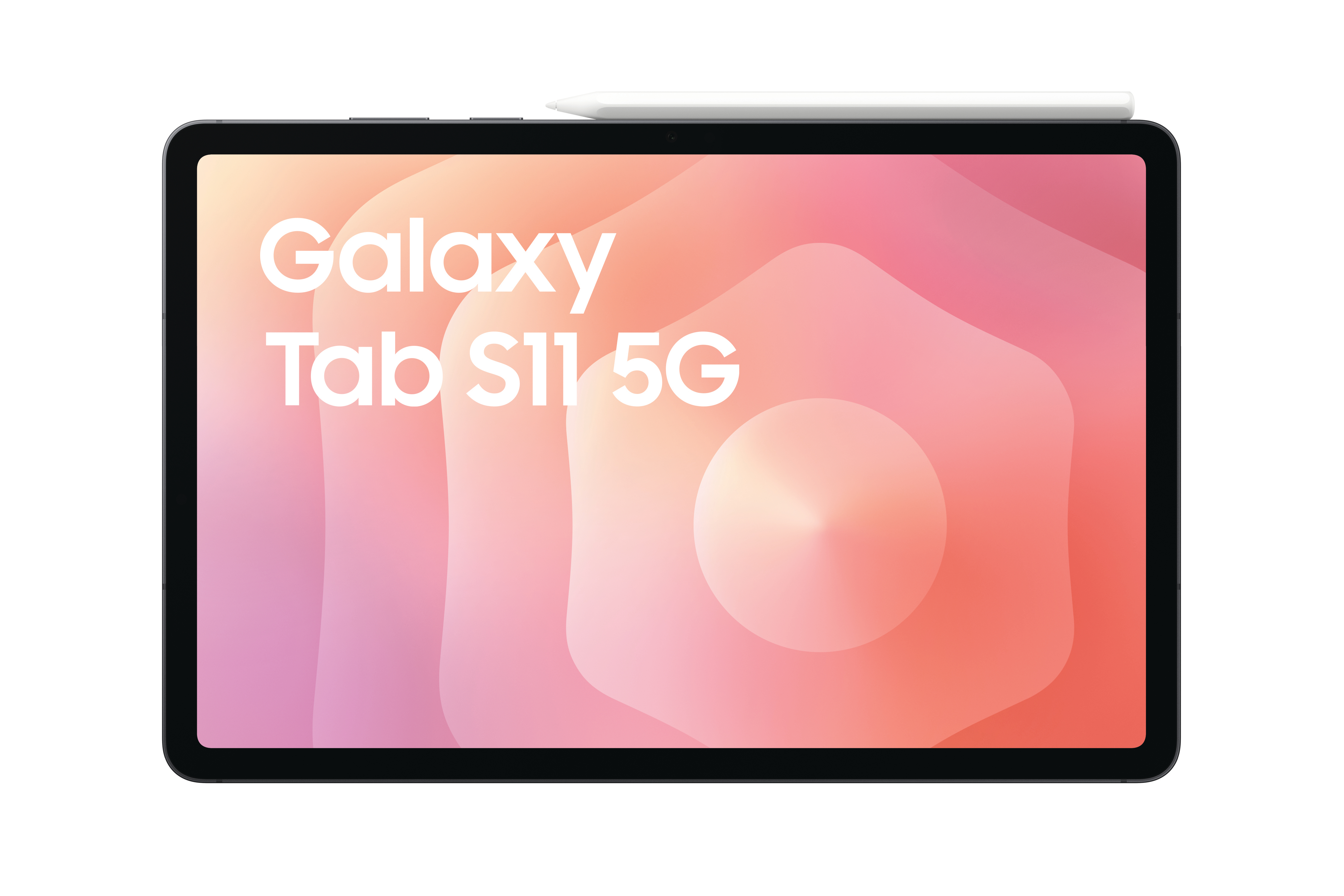 Ein Tablet mit Stift auf weißem Hintergrund. Auf dem Tablet steht "Galaxy Tab S11 5G".