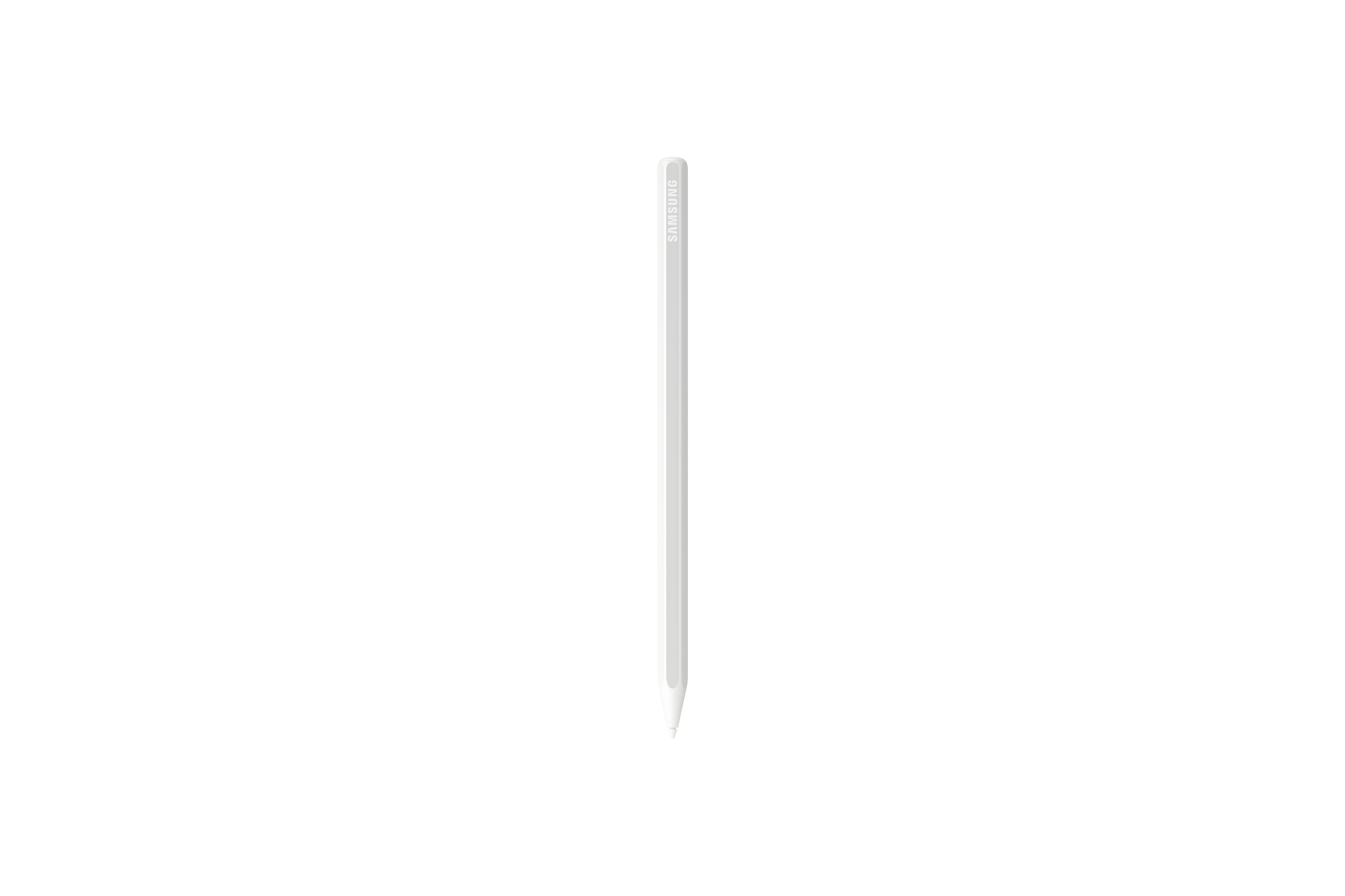 Ein weißer Stift mit der Aufschrift 'SAMSUNG' steht senkrecht. Die Spitze ist unten. Der Hintergrund ist weiß.
