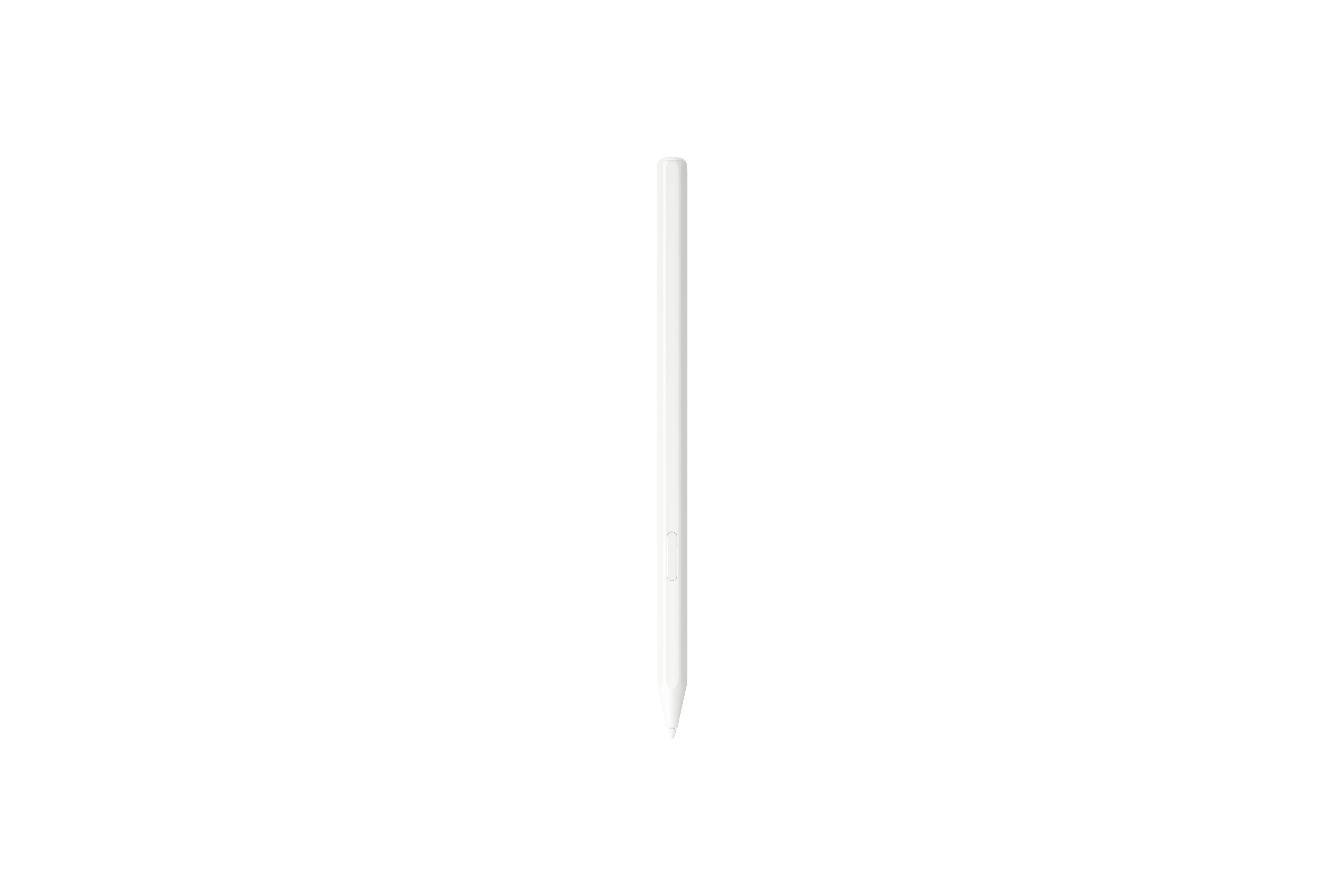 Ein weißer Stift steht vertikal vor weißem Hintergrund. Der Stift ist schlank mit abgerundeter Spitze und spitzer Spitze.