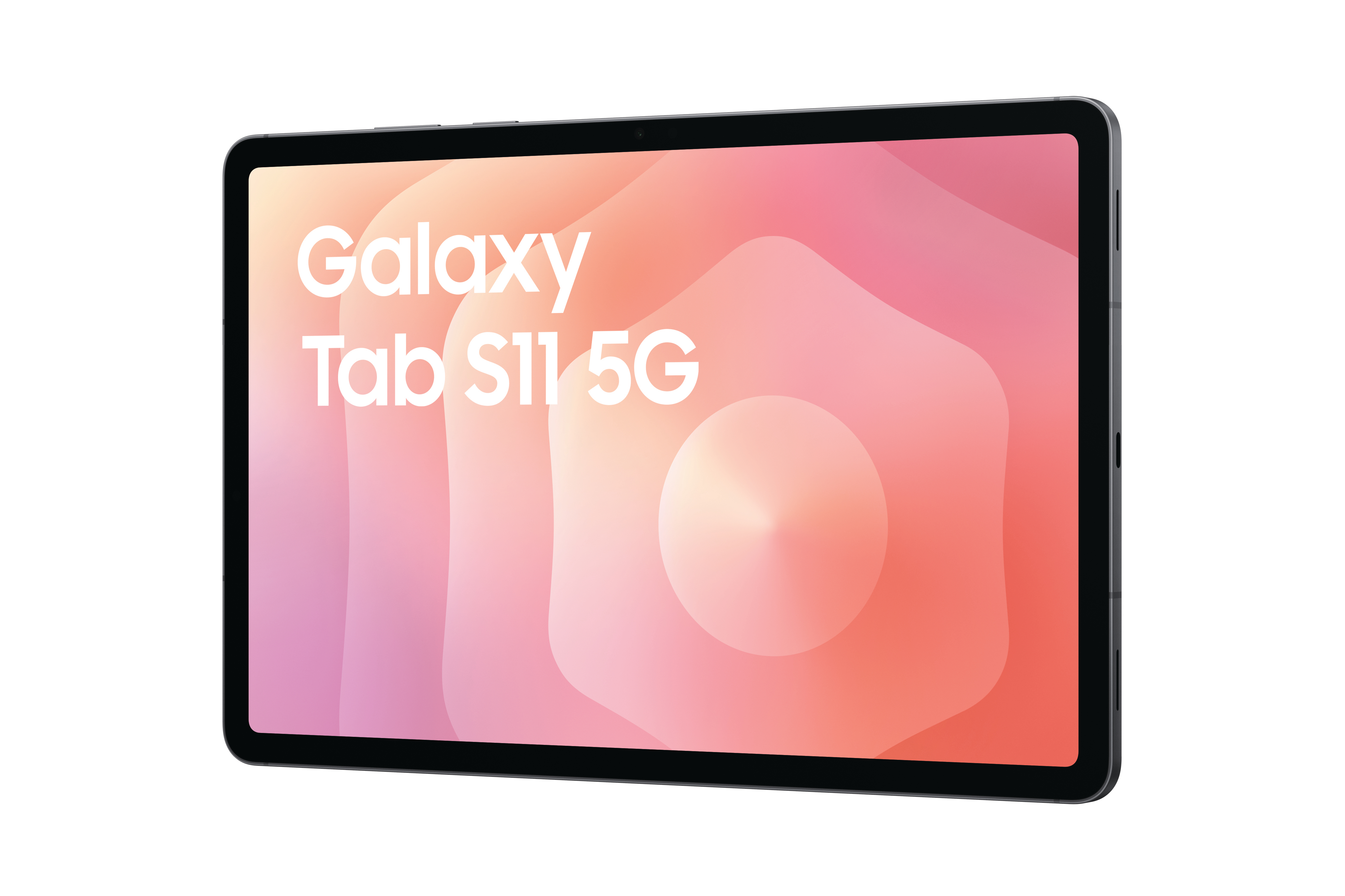 Ein schwarzes Tablet mit der Aufschrift 'Galaxy Tab S11 5G' auf einem rosa-orangenen Farbverlauf. Das Tablet befindet sich auf weißem Grund.