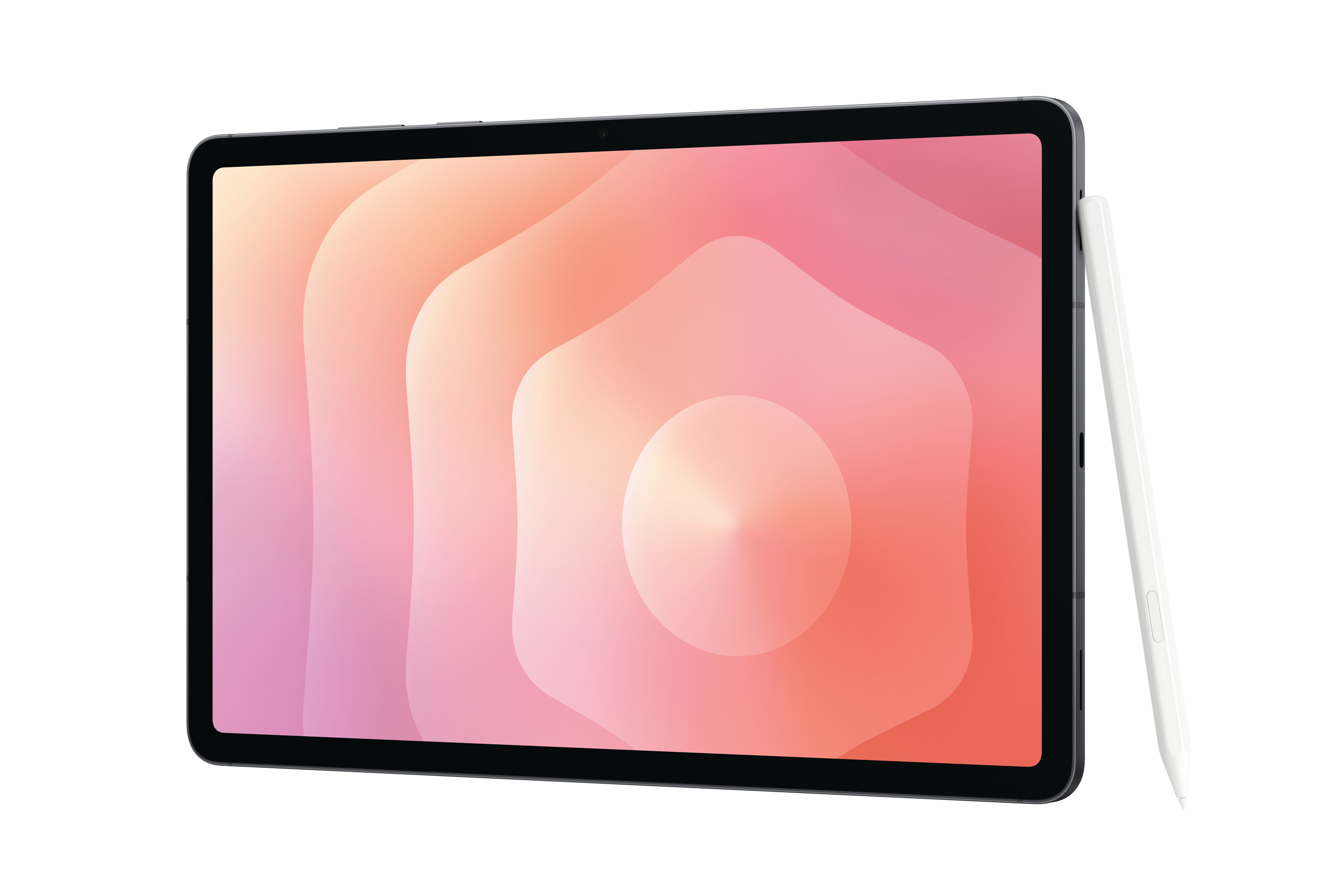 Ein Tablet mit farbenfrohem Bildschirm und Stift. Der Bildschirm zeigt abstrakte Formen. Der Stift ist weiß.