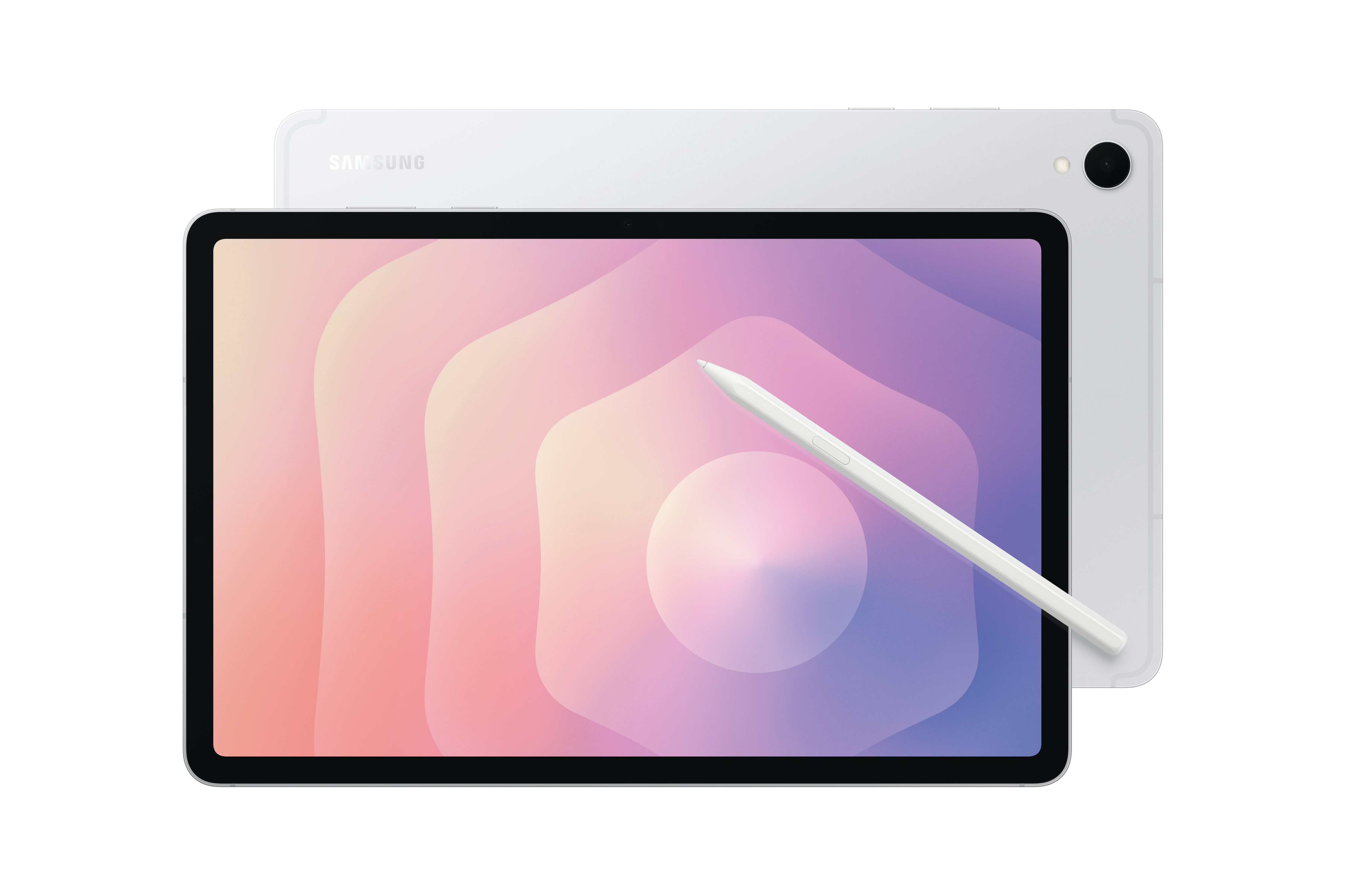 Ein weißes Samsung-Tablet und -Stift auf weißem Hintergrund. Das Tablet zeigt ein farbenfrohes, abstraktes Design.