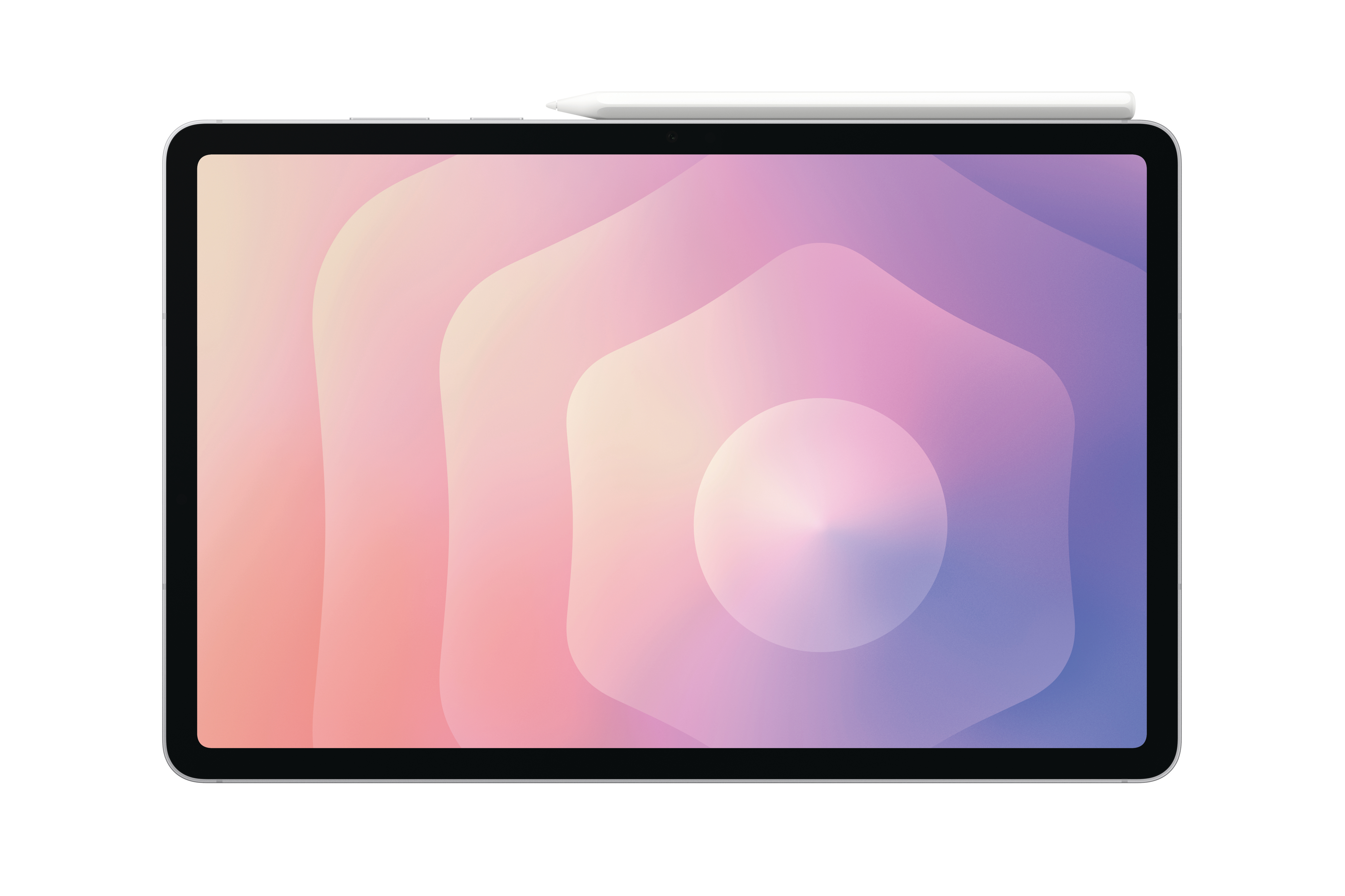 Tablet mit Farbverlauf und Stift. Der Bildschirm zeigt abstrakte Formen in Rosa, Lila und Weiß.