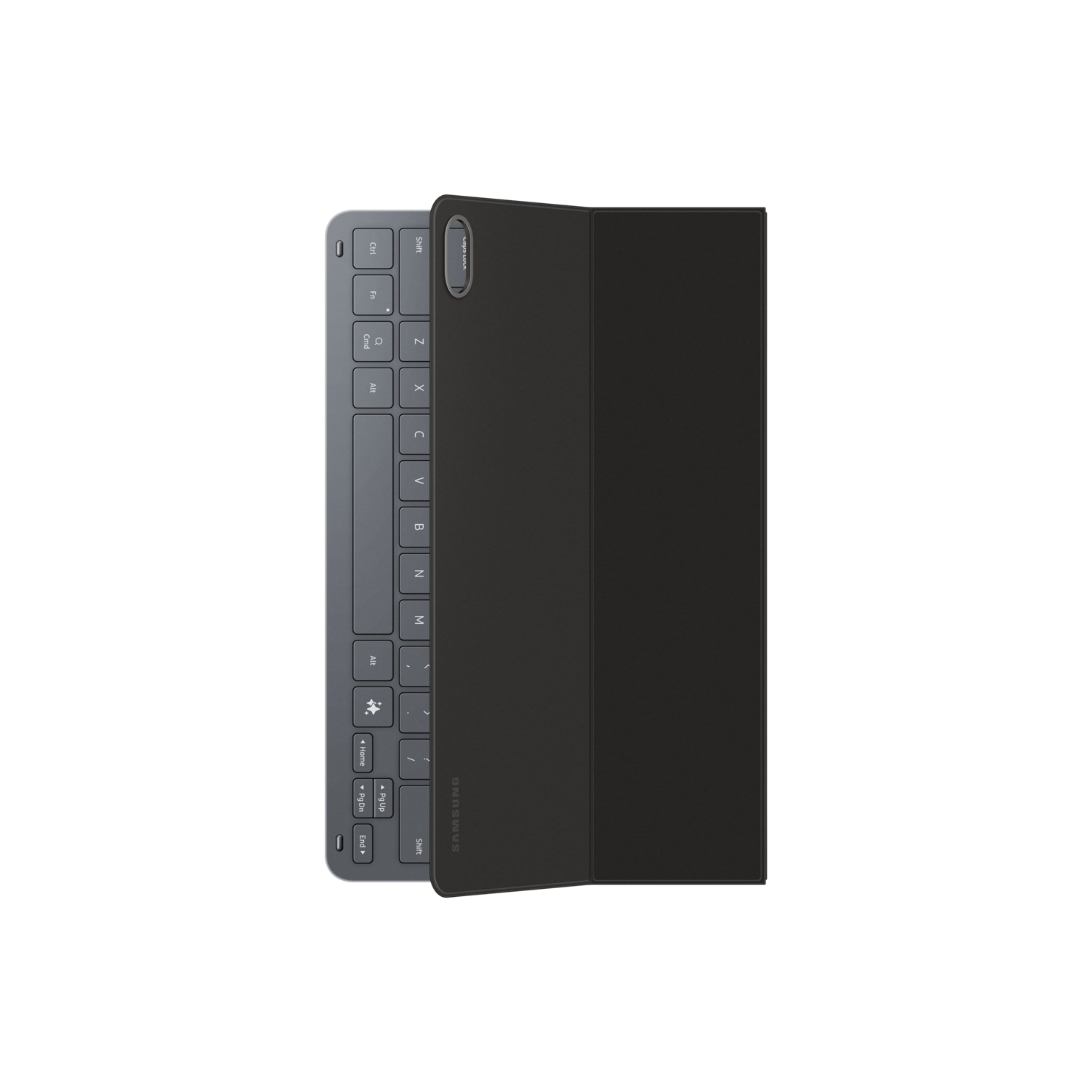 A tablet and keyboard case, both dark gray and black. The keyboard is visible, with keys like Ctrl, Shift, and Z. The case is closed.