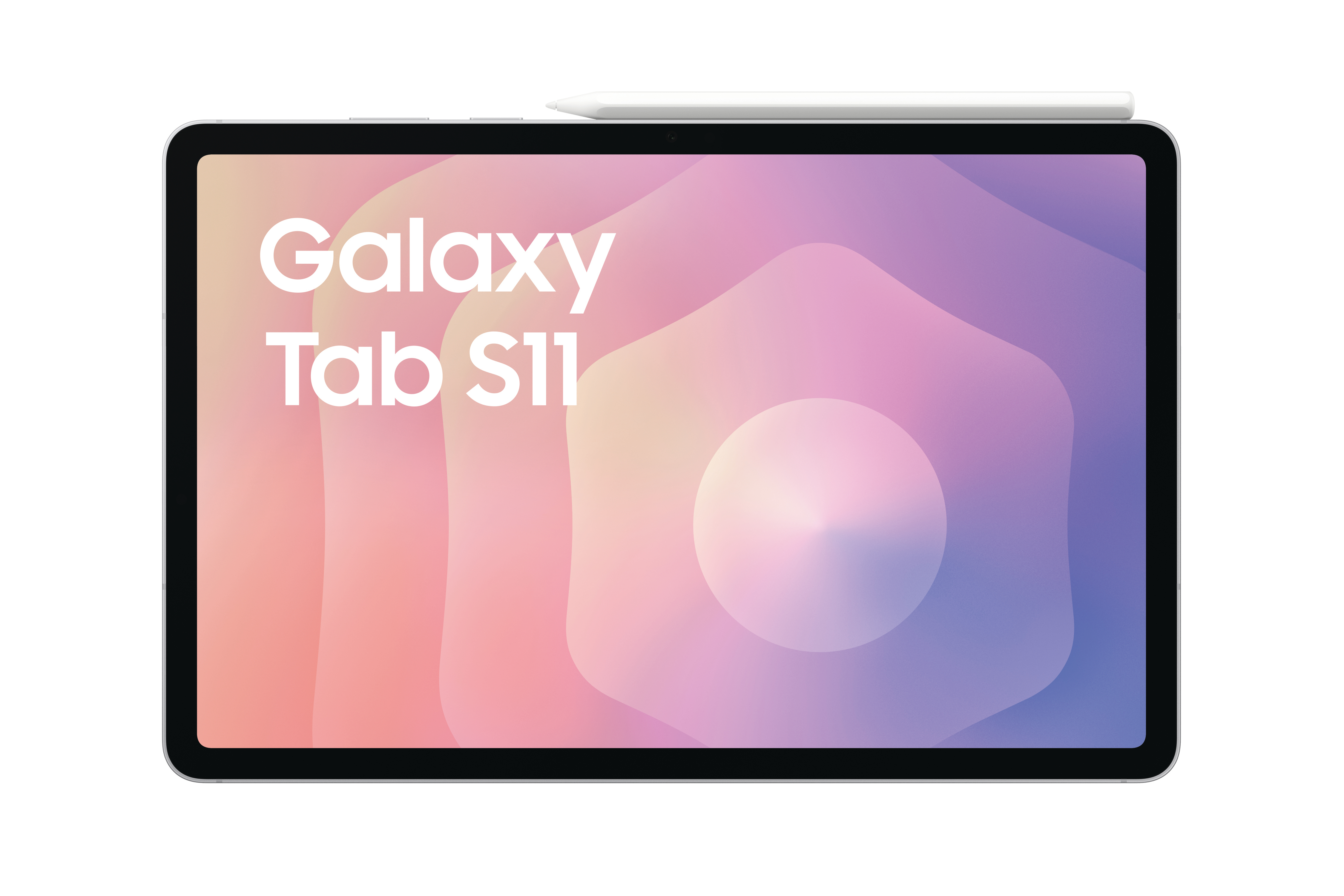Galaxy Tab S11 Tablet mit Stift. Display zeigt bunten Farbverlauf im Hintergrund.