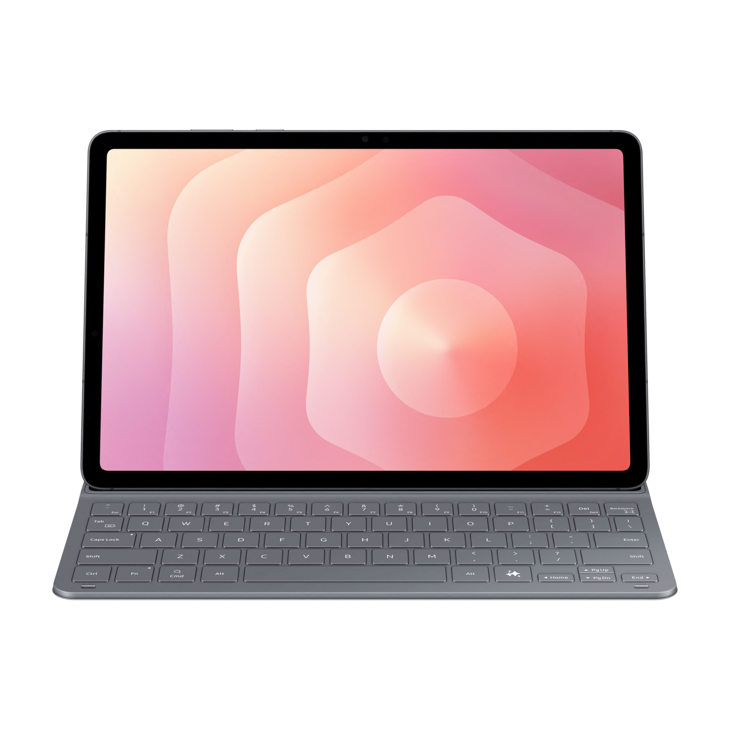 A tablet with a keyboard. The screen displays an abstract design with pink and orange colors. The keyboard is grey.