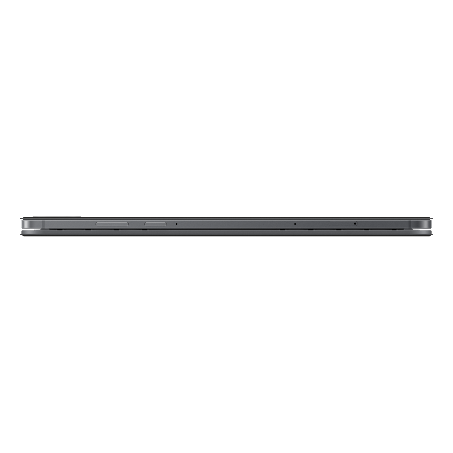 A dark gray tablet is seen from the side against a black background. Buttons and a camera are visible on the edge.