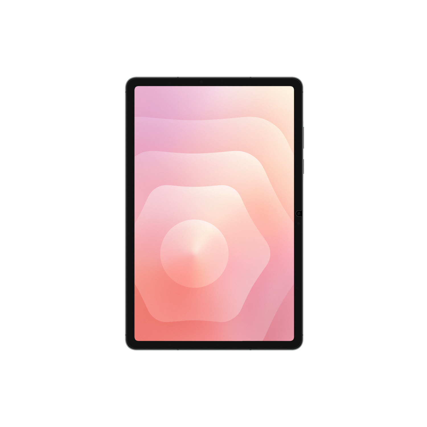 A tablet with a pink and orange abstract design on the screen, set against a black background.