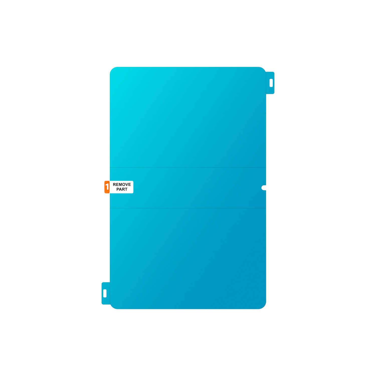 A turquoise rectangle with rounded corners. It has two horizontal lines and a small orange label with the number 1 and text 'REMOVE PART'.