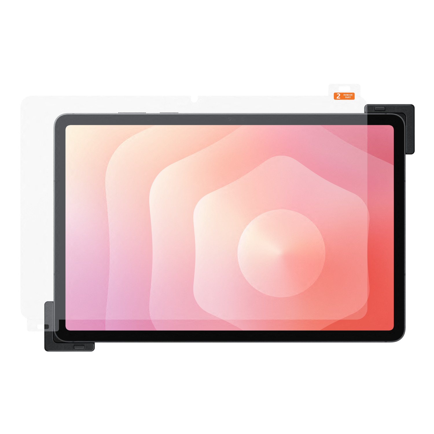 A tablet with a screen protector. It has a pink and white gradient background. A peel off sticker is at the top right.