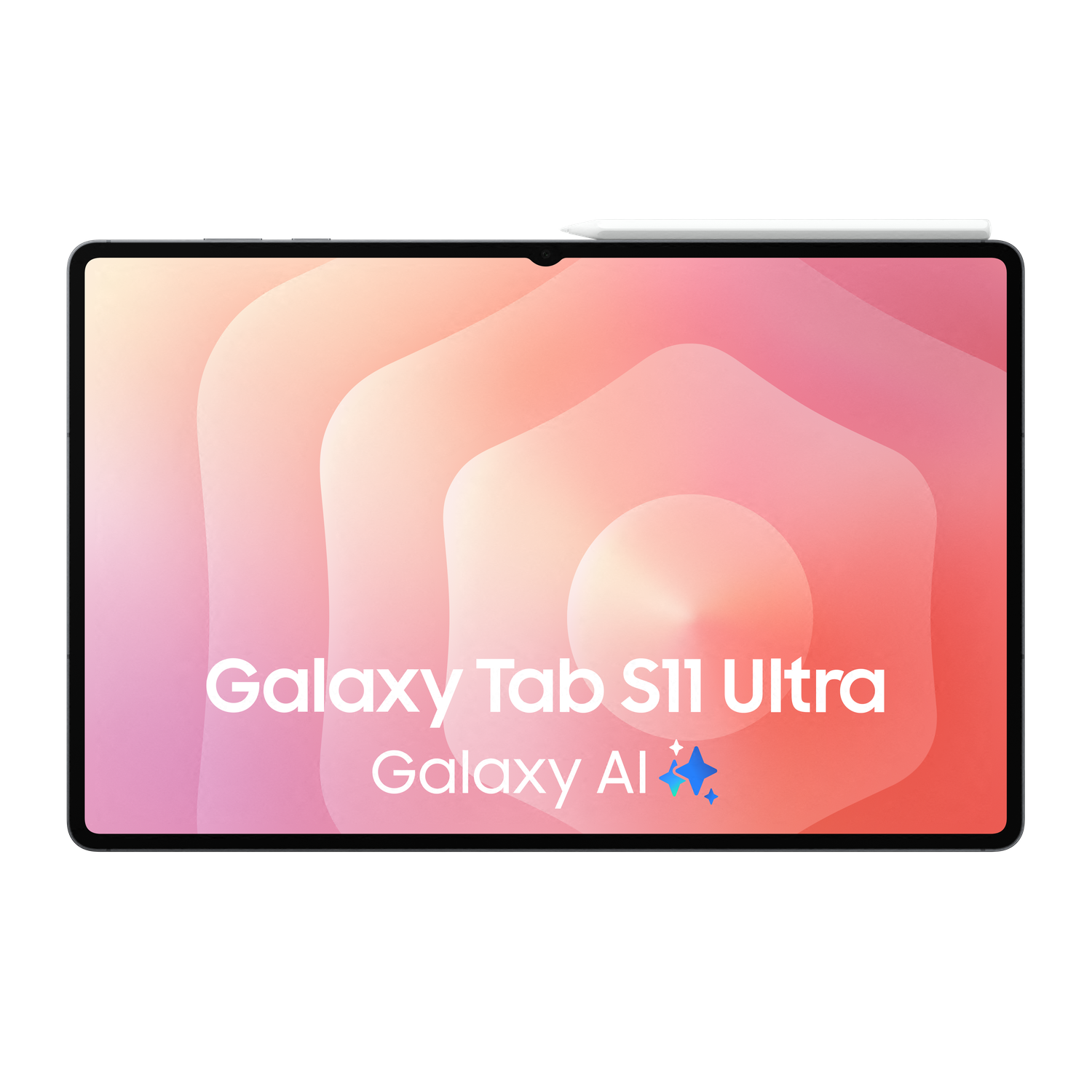 A tablet with a pen on top. The screen displays a gradient of pink and orange with the text 'Galaxy Tab S11 Ultra'.