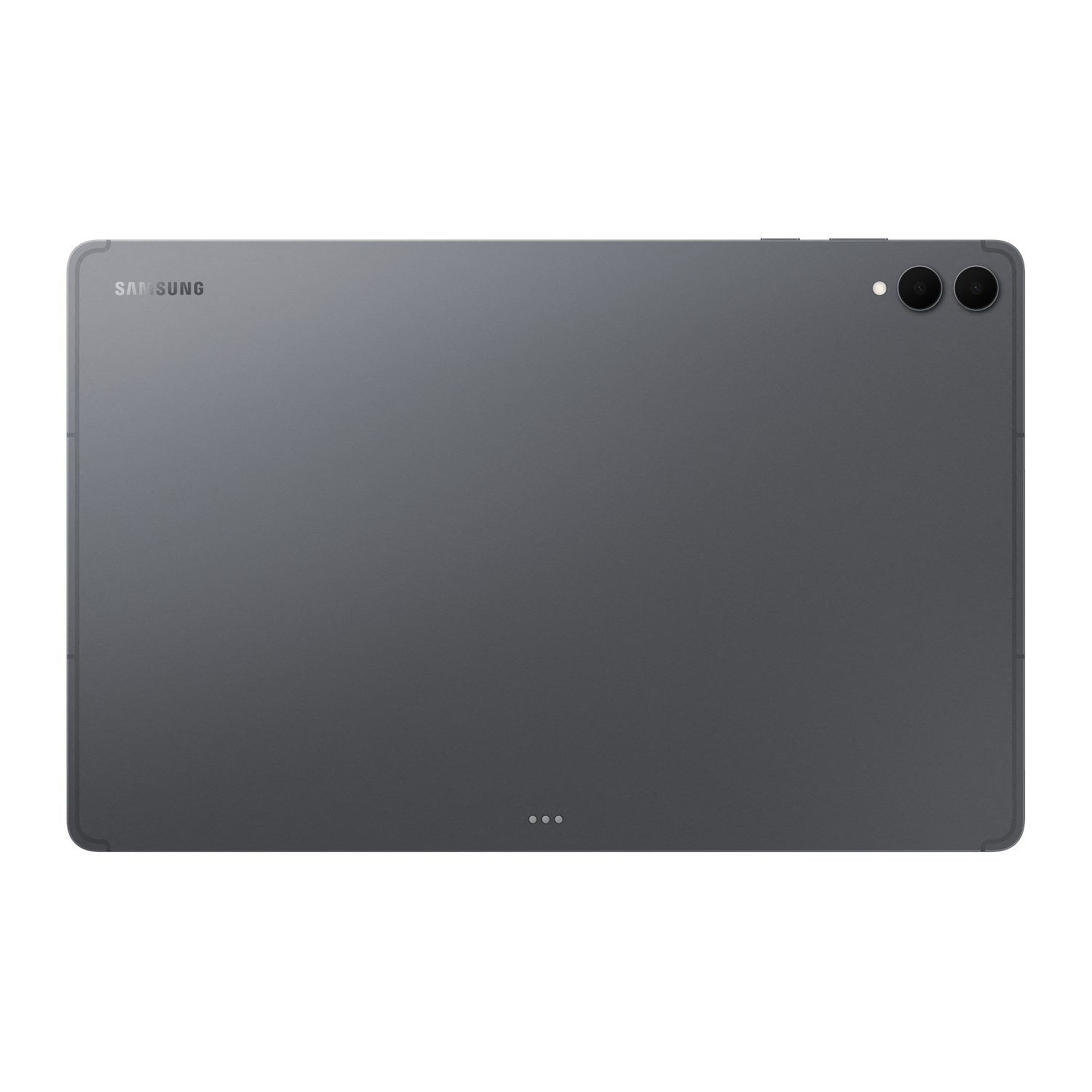 A dark gray Samsung tablet seen from the back. It has a camera and Samsung logo, with a black background.
