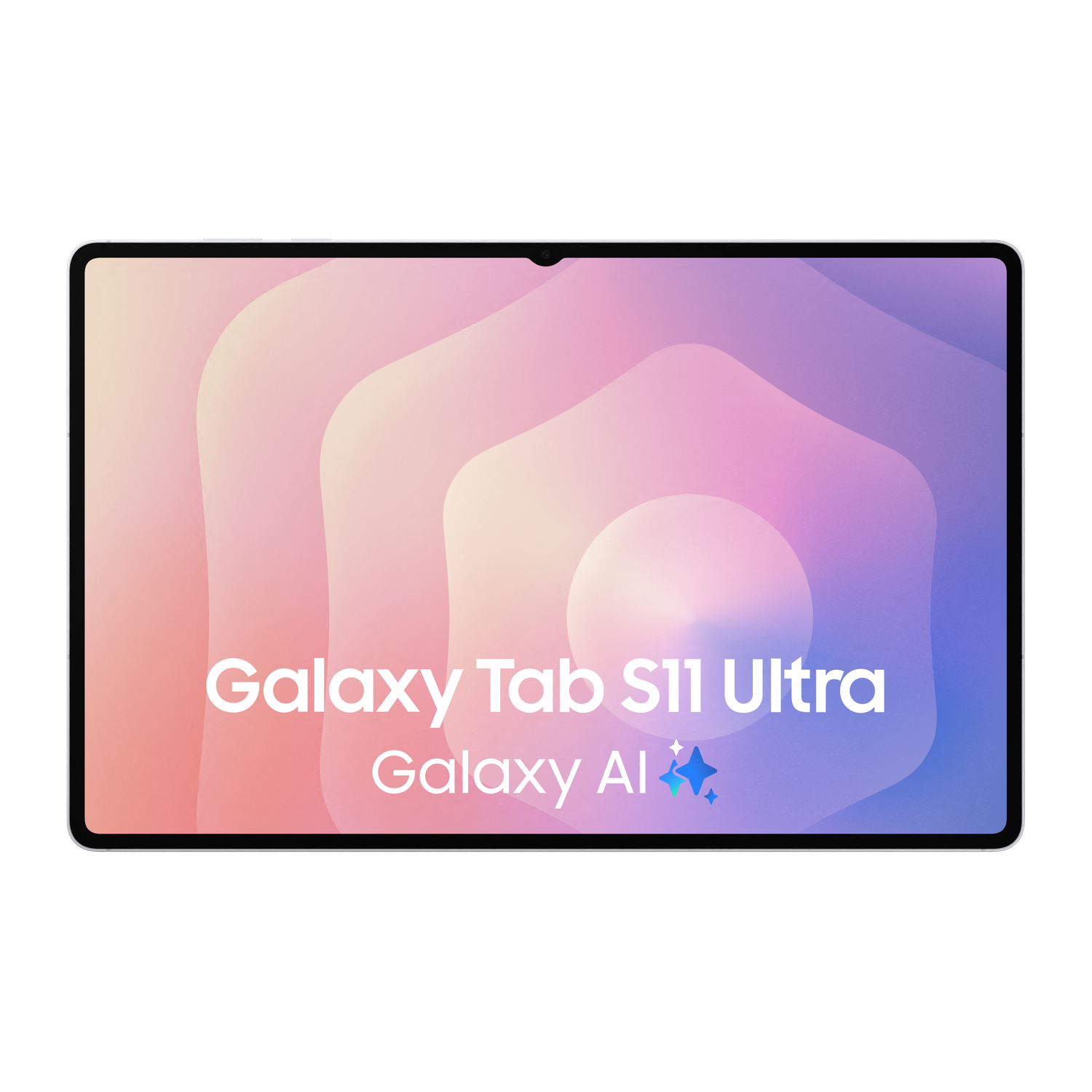 Een tablet met een gradiënt achtergrond van roze en paars. De woorden 'Galaxy Tab S11 Ultra' staan op het scherm.
