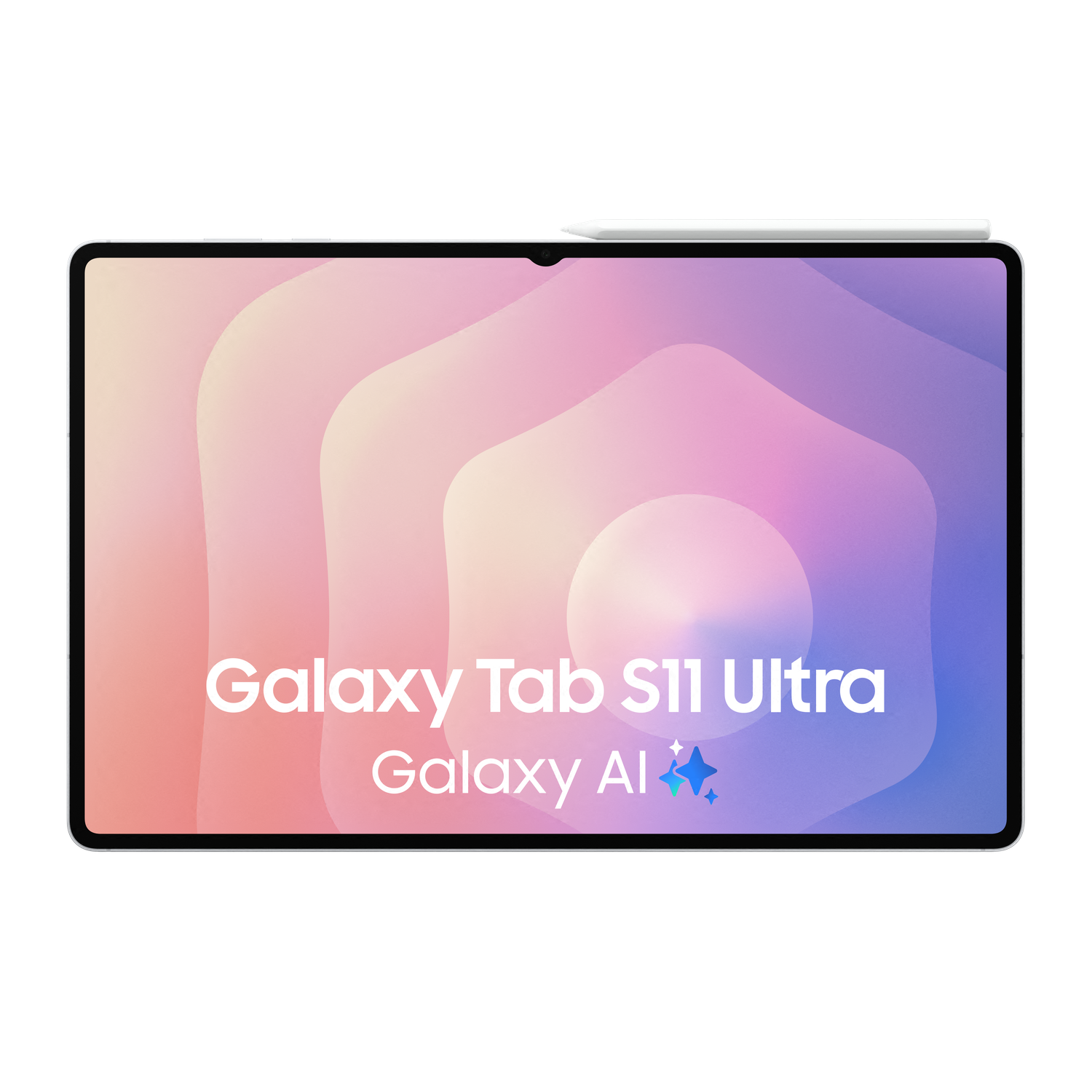 Samsung Galaxy Tab S11 Ultra tablet met stylus. Het scherm toont een abstracte gradiënt achtergrond en de merknaam.